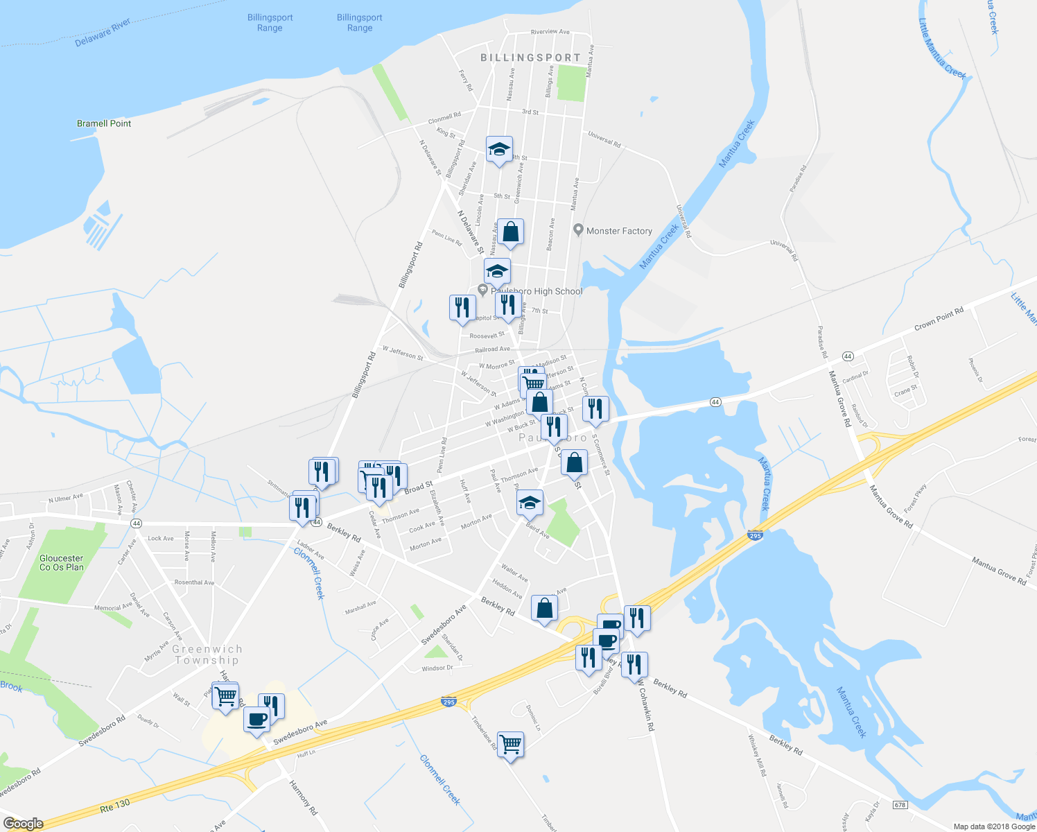 map of restaurants, bars, coffee shops, grocery stores, and more near 34 West Washington Street in Paulsboro