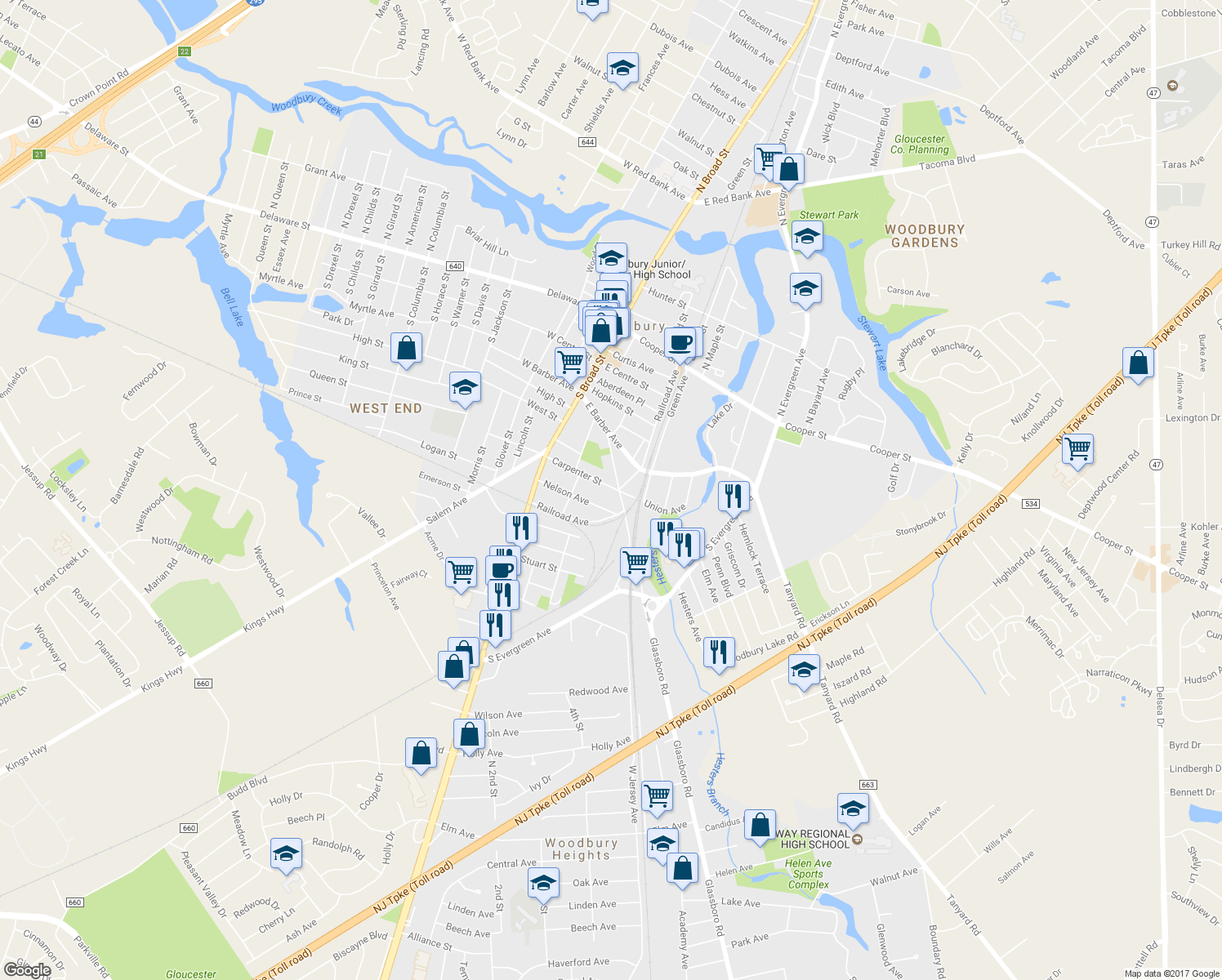 map of restaurants, bars, coffee shops, grocery stores, and more near 71 Carpenter Street in Woodbury