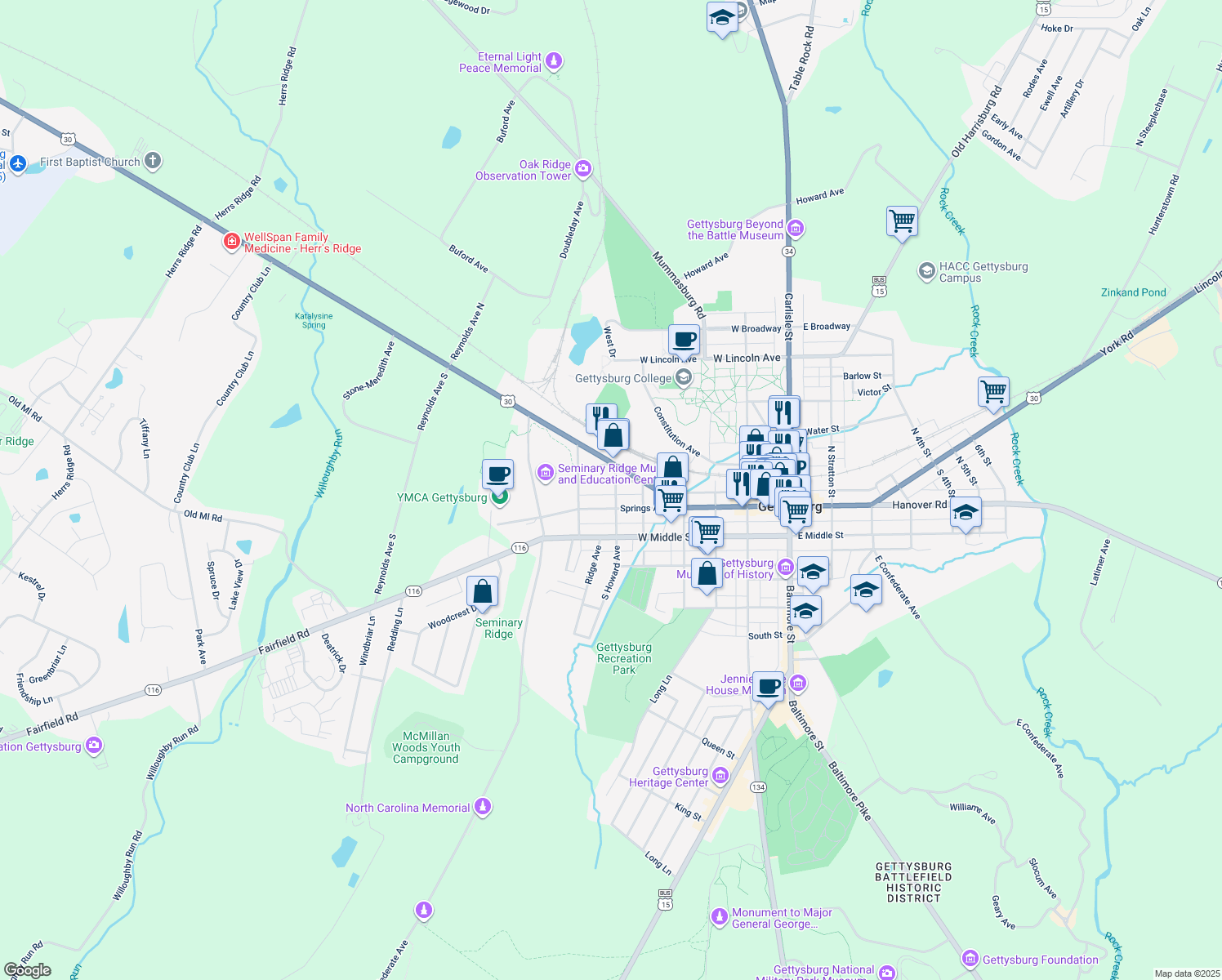 map of restaurants, bars, coffee shops, grocery stores, and more near 36 N Howard Ave in Gettysburg