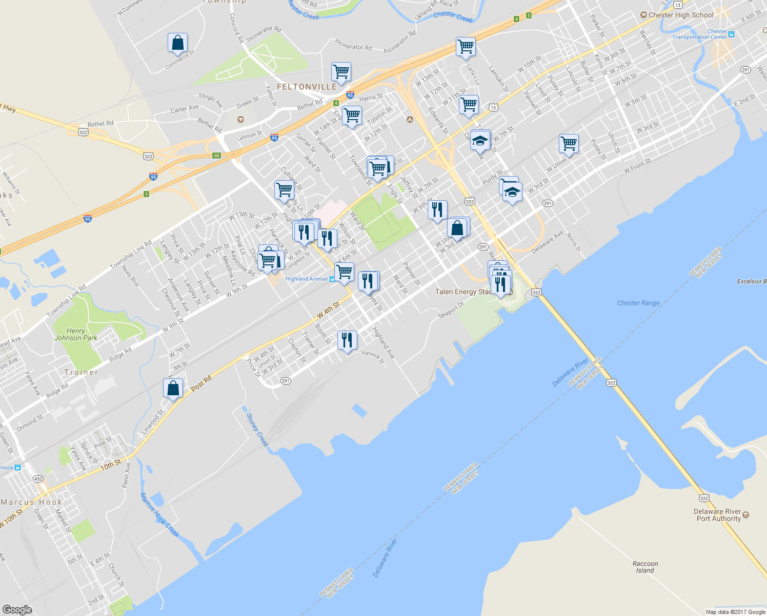 map of restaurants, bars, coffee shops, grocery stores, and more near 207 Hayes Street in Chester