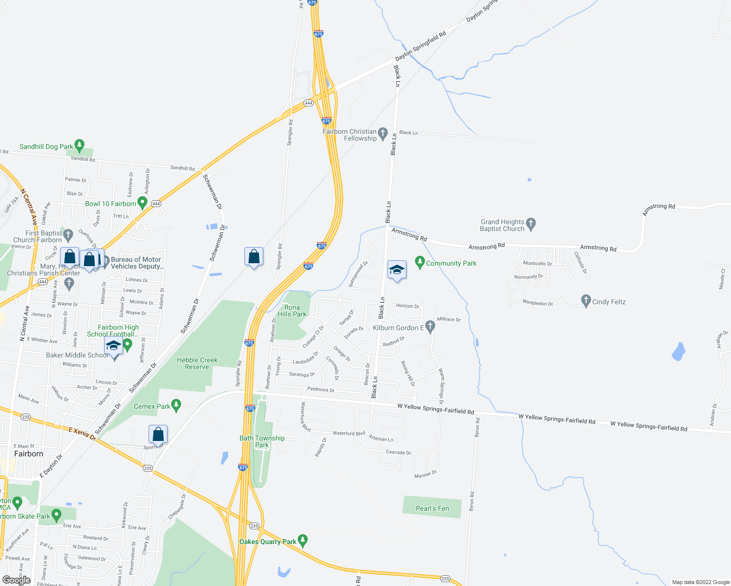 map of restaurants, bars, coffee shops, grocery stores, and more near 1314 Cottage Court Drive in Fairborn
