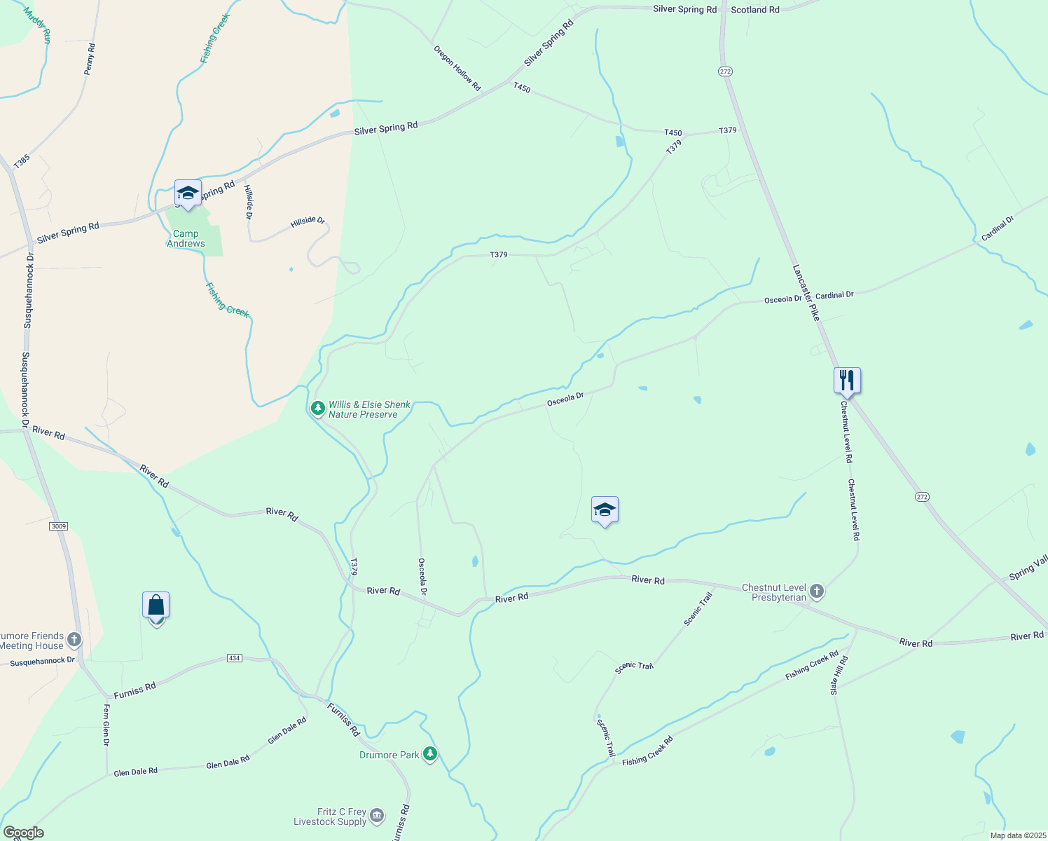 map of restaurants, bars, coffee shops, grocery stores, and more near 1120 Osceola Drive in Drumore