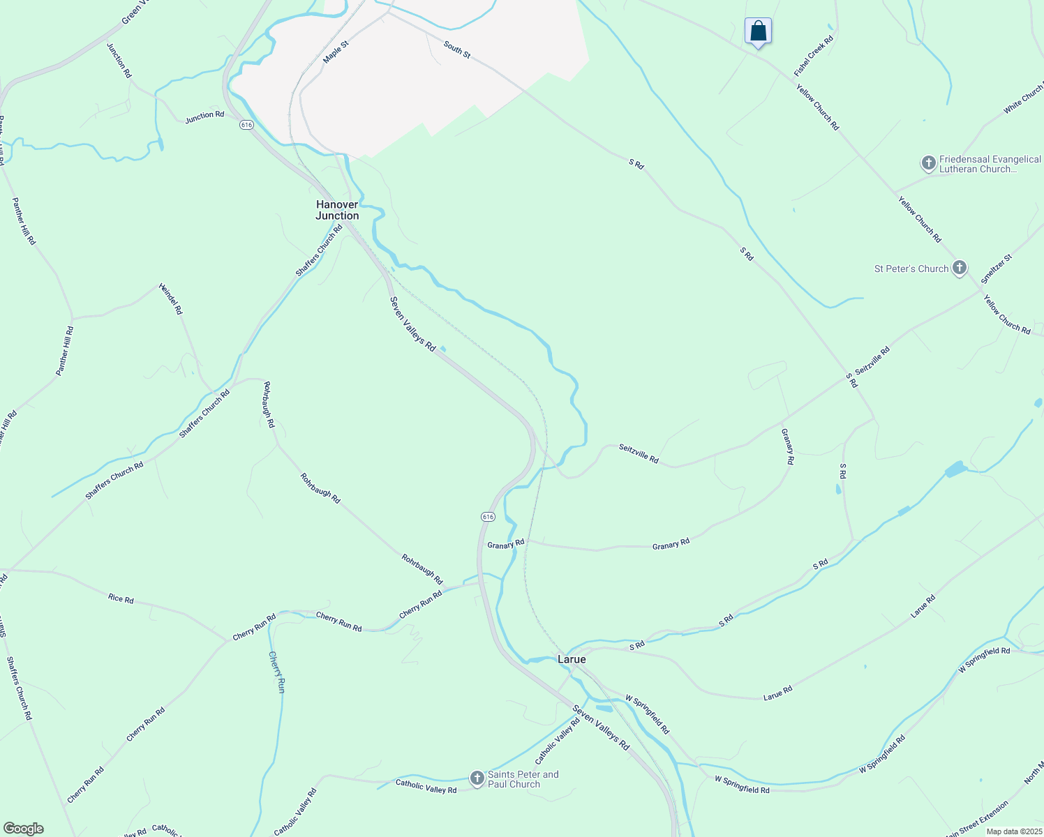 map of restaurants, bars, coffee shops, grocery stores, and more near 105 Seven Valleys Road in Seven Valleys