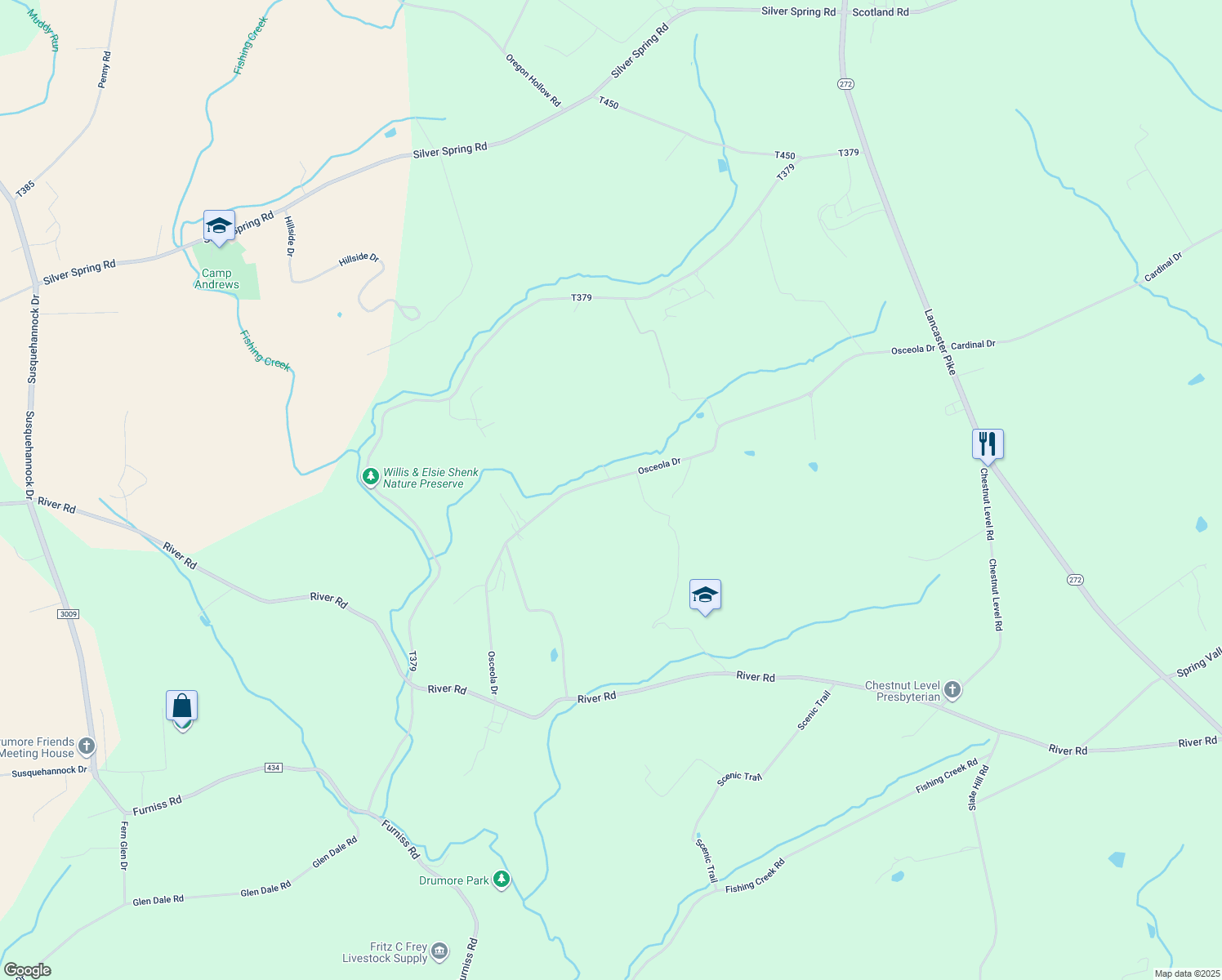 map of restaurants, bars, coffee shops, grocery stores, and more near 1120 Osceola Drive in Drumore
