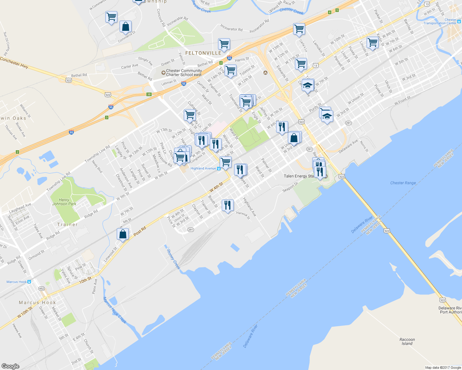 map of restaurants, bars, coffee shops, grocery stores, and more near 2812 West 3rd Street in Chester