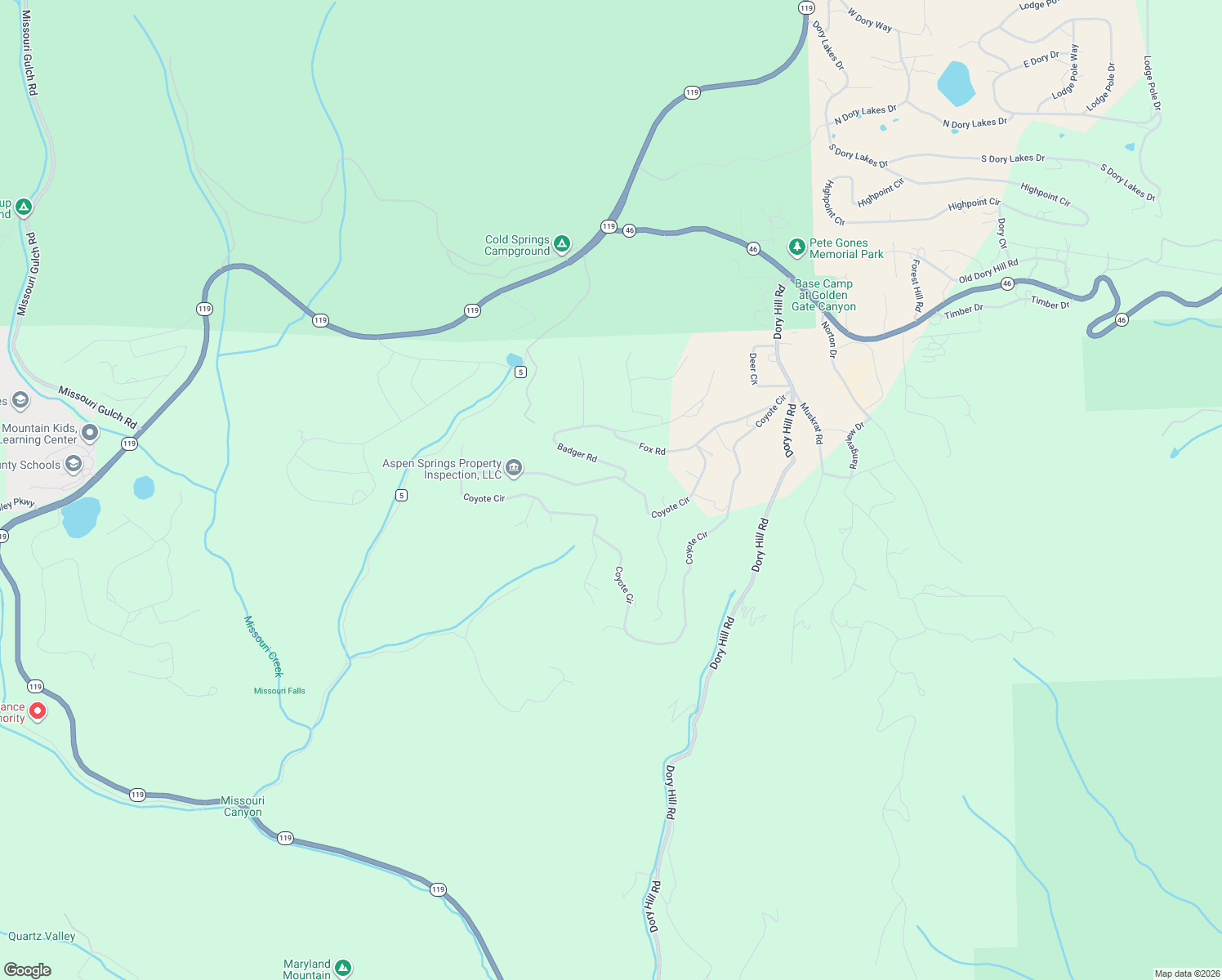 map of restaurants, bars, coffee shops, grocery stores, and more near 144-348 Coyote Cir in Black Hawk