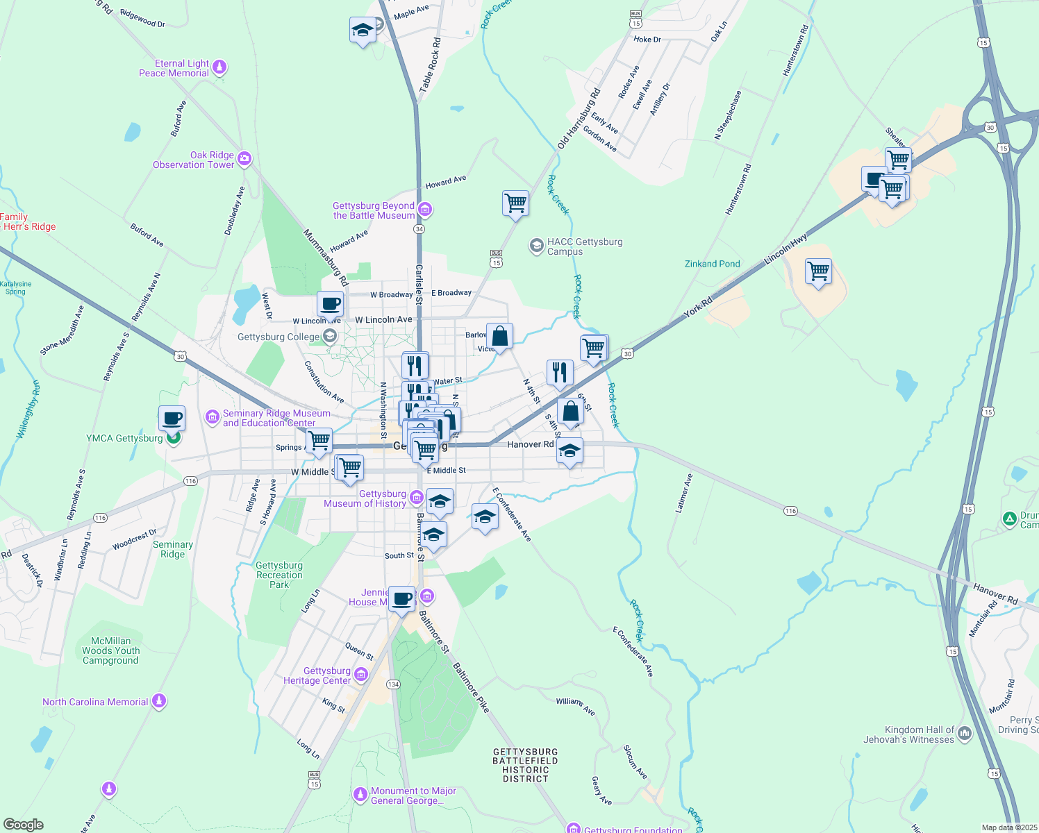 map of restaurants, bars, coffee shops, grocery stores, and more near 324 York Street in Gettysburg