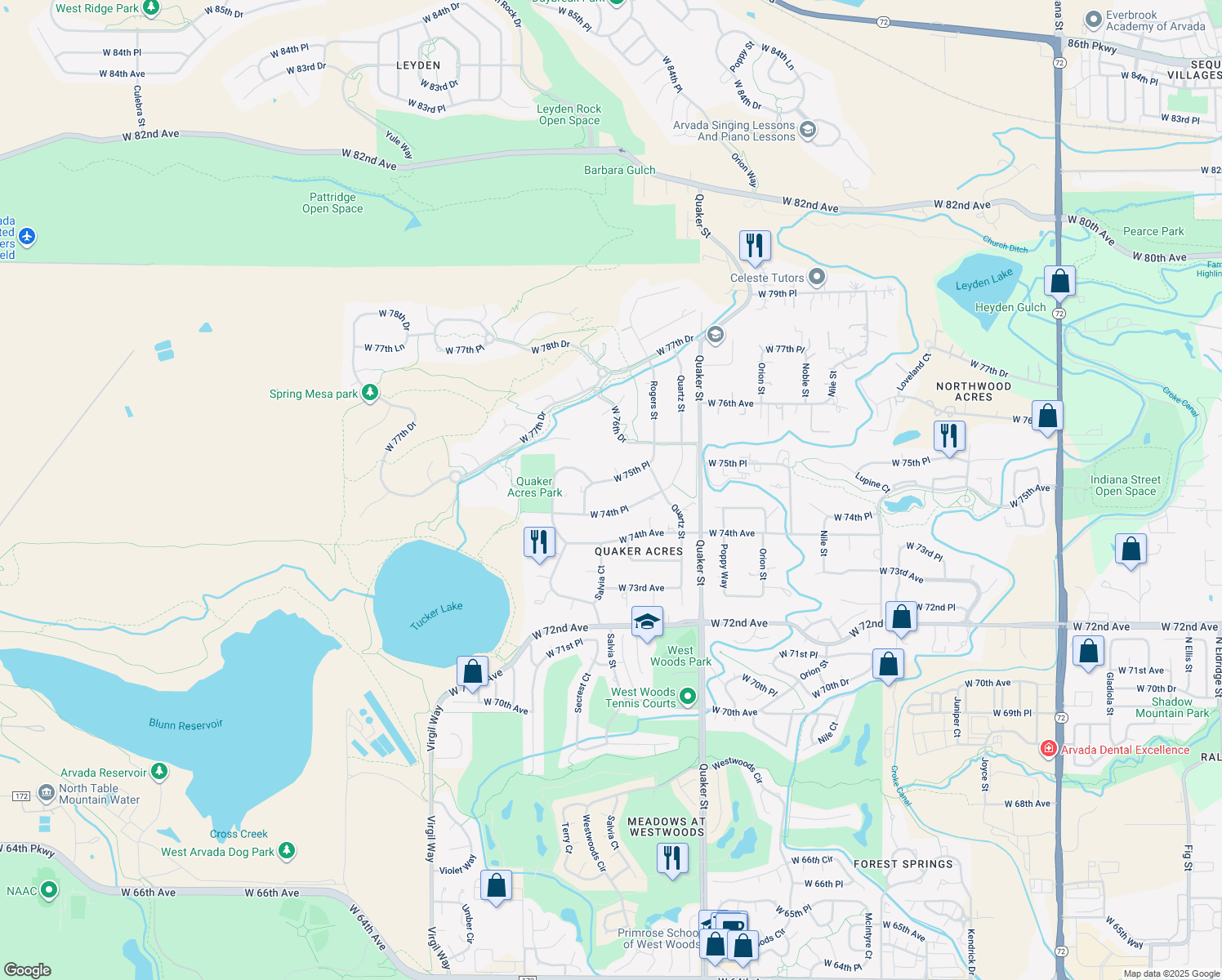 map of restaurants, bars, coffee shops, grocery stores, and more near 16794 West 75th Place in Arvada