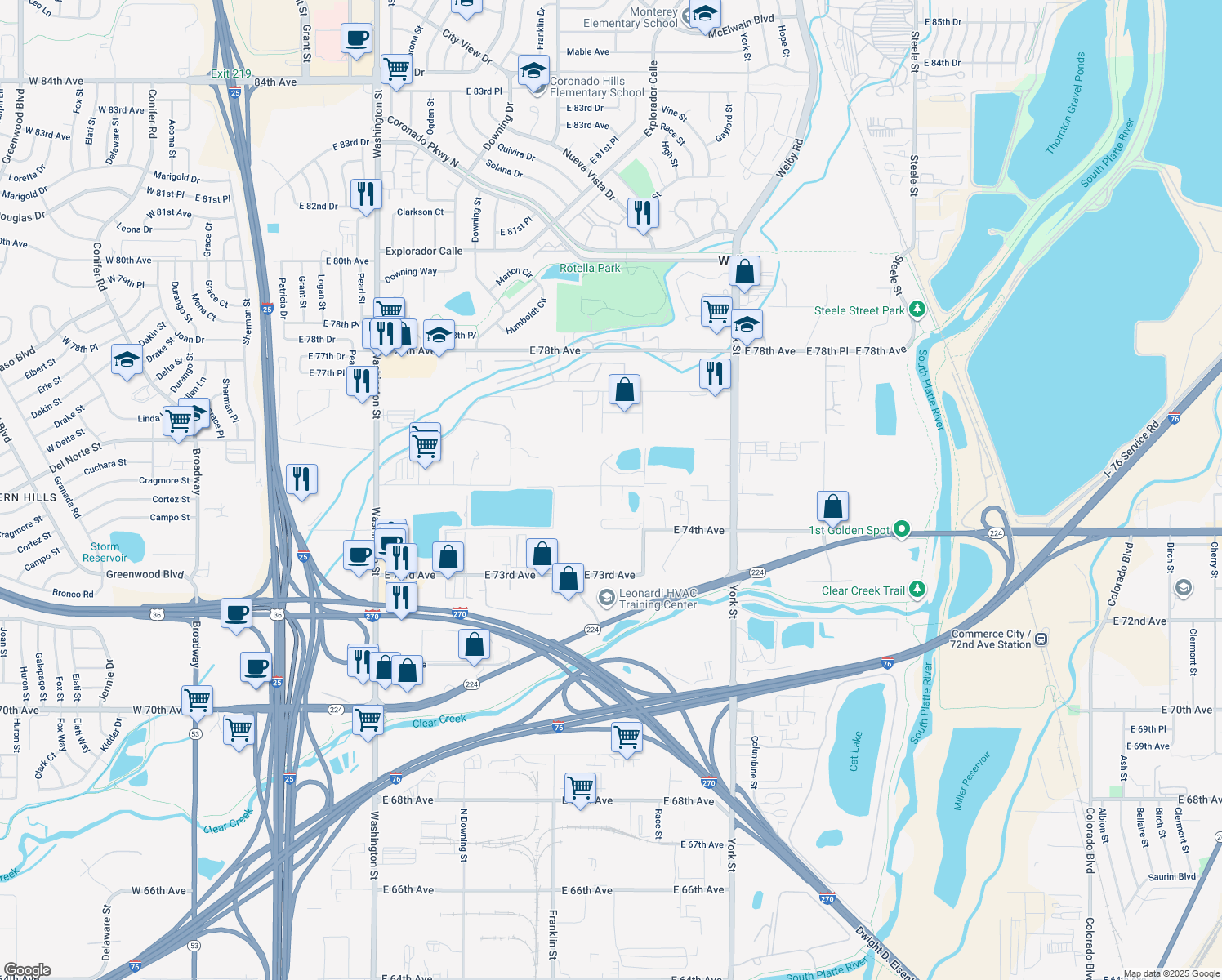 map of restaurants, bars, coffee shops, grocery stores, and more near 1800 East 75th Avenue in Denver
