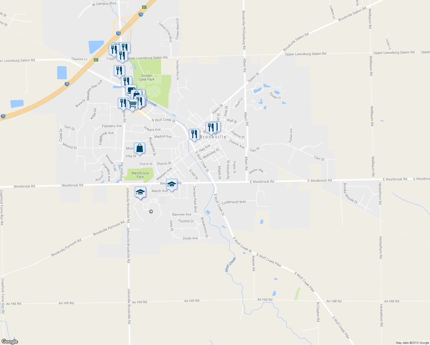 map of restaurants, bars, coffee shops, grocery stores, and more near 30 Gaines Street in Brookville