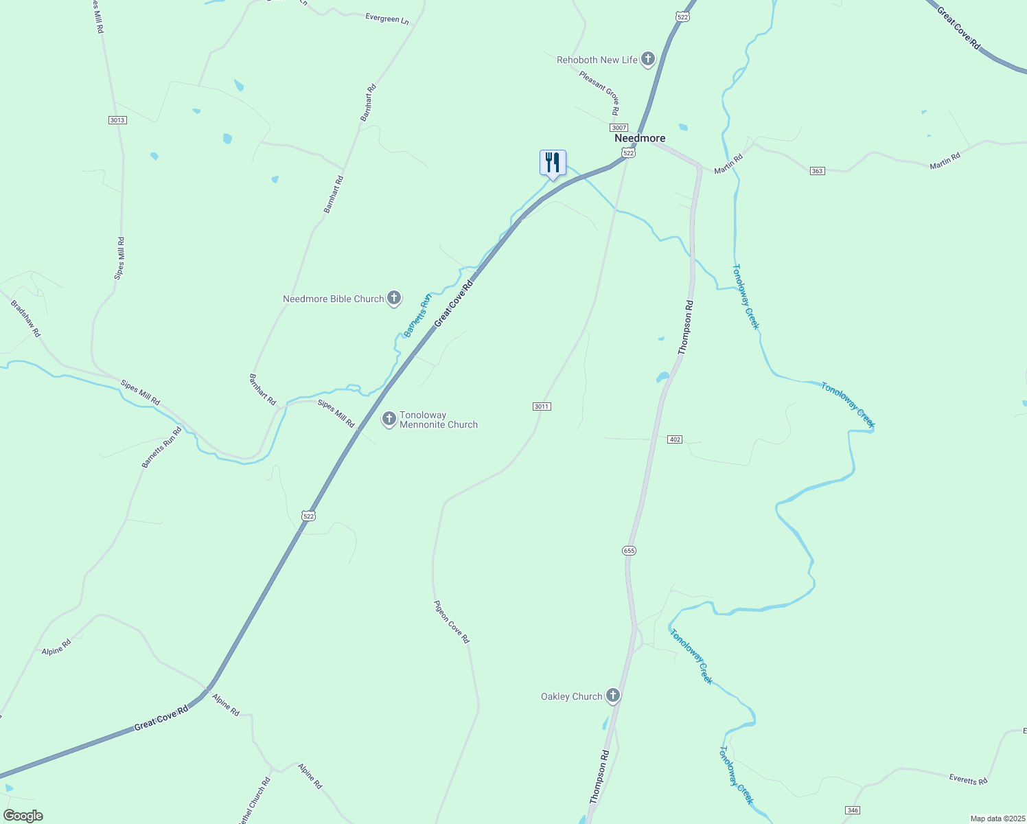map of restaurants, bars, coffee shops, grocery stores, and more near 6447 Pigeon Cove Road in Needmore