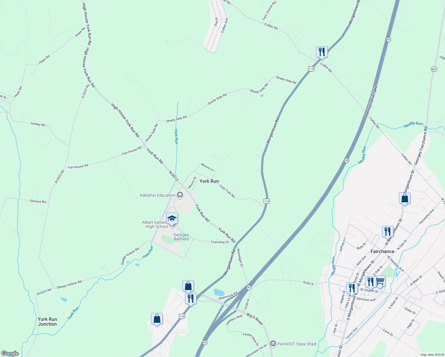 map of restaurants, bars, coffee shops, grocery stores, and more near 170 Club York Road in Uniontown