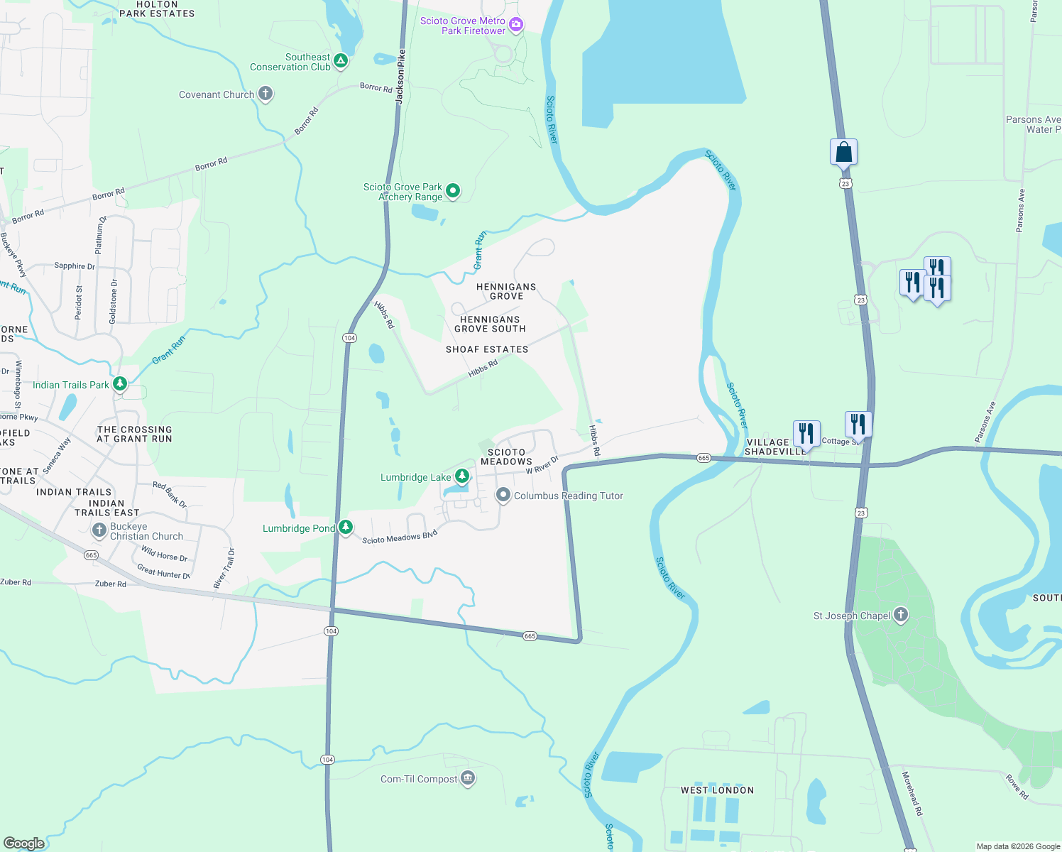 map of restaurants, bars, coffee shops, grocery stores, and more near 346 Scioto Meadows Blvd in Grove City