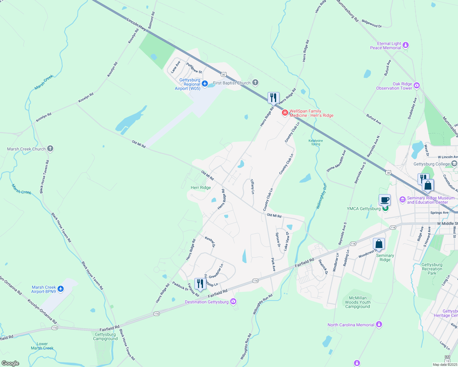 map of restaurants, bars, coffee shops, grocery stores, and more near 240 Kingsgate Court in Gettysburg