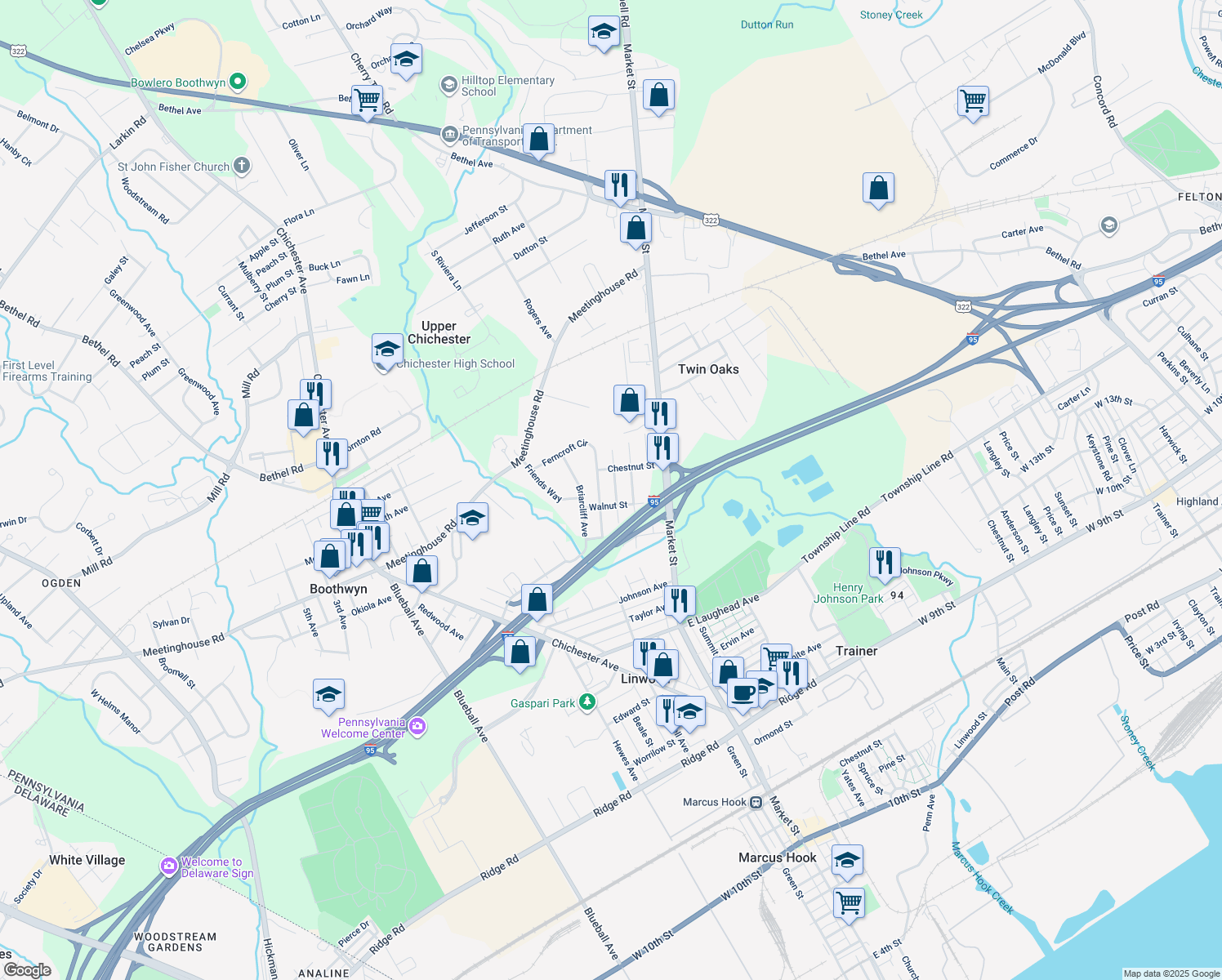 map of restaurants, bars, coffee shops, grocery stores, and more near 2218 Wharton Avenue in Upper Chichester