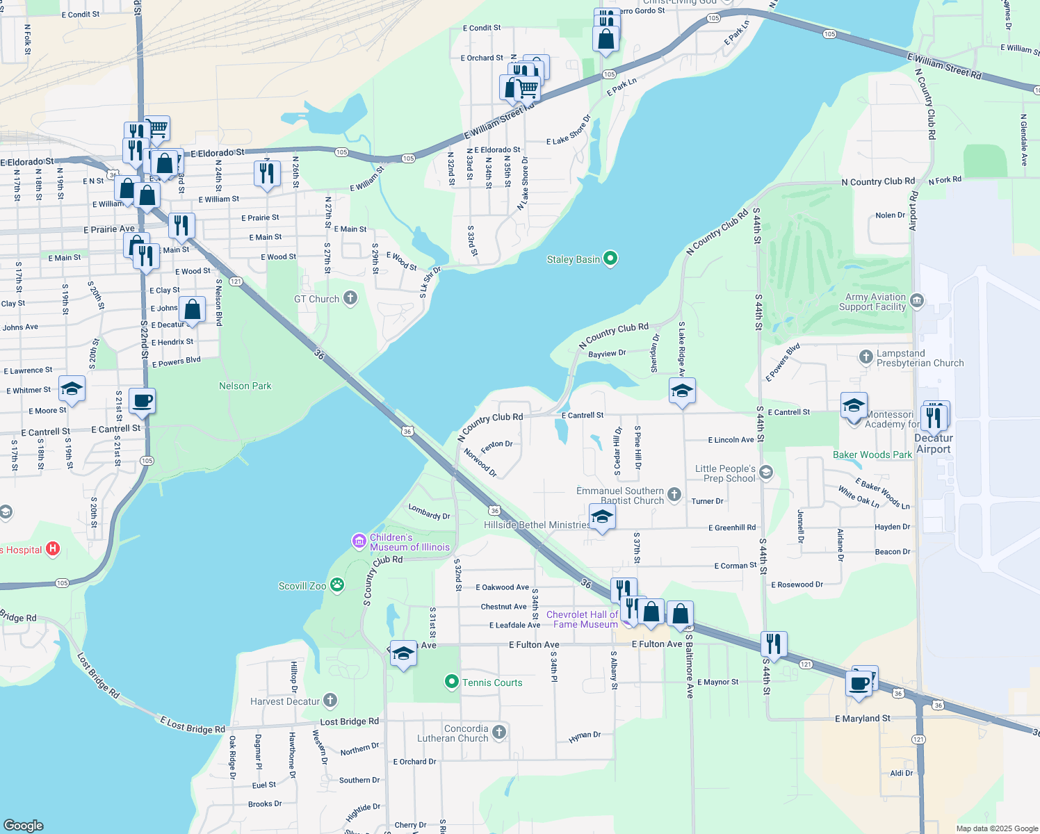 map of restaurants, bars, coffee shops, grocery stores, and more near 22 N Country Club Rd in Decatur