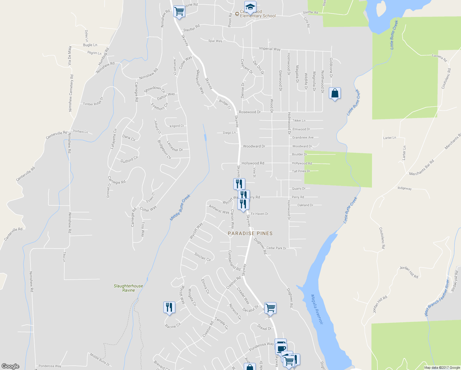 map of restaurants, bars, coffee shops, grocery stores, and more near 6378 Thelander Lane in Magalia