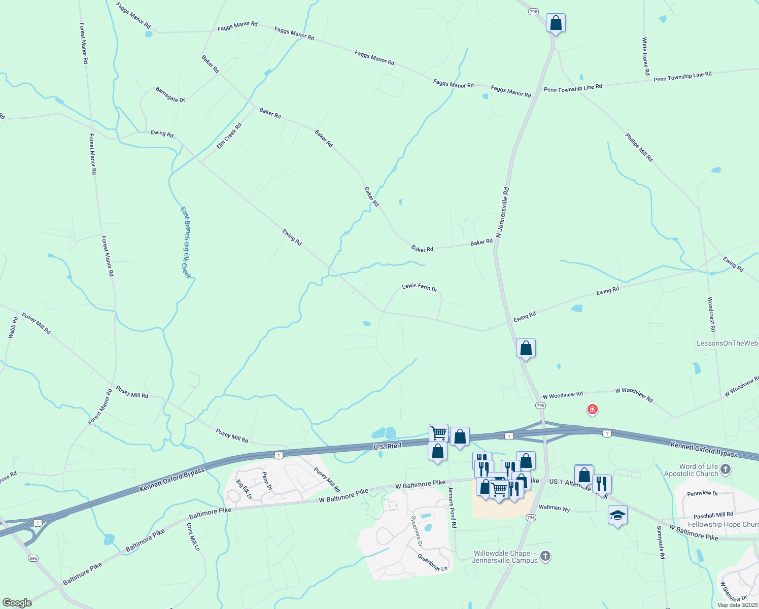 map of restaurants, bars, coffee shops, grocery stores, and more near 720 Ewing Road in Cochranville