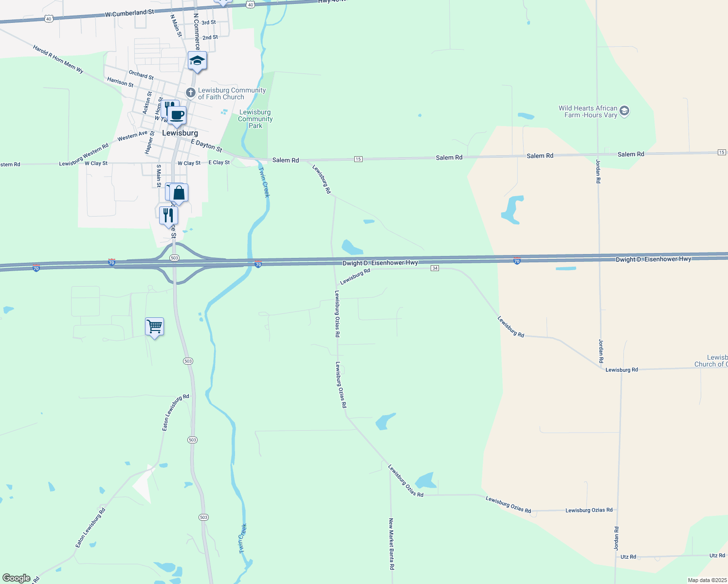 map of restaurants, bars, coffee shops, grocery stores, and more near 5460 Knollwood Dr in Lewisburg