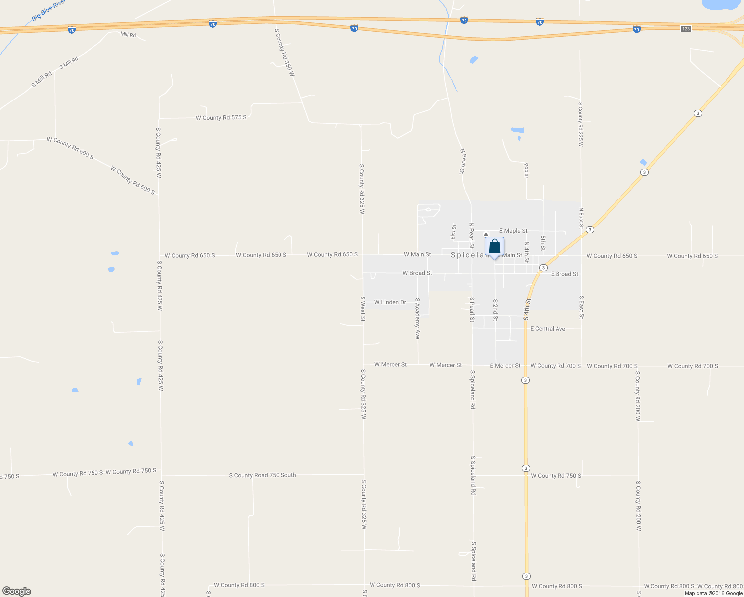 map of restaurants, bars, coffee shops, grocery stores, and more near 526 West Linden Drive in Spiceland