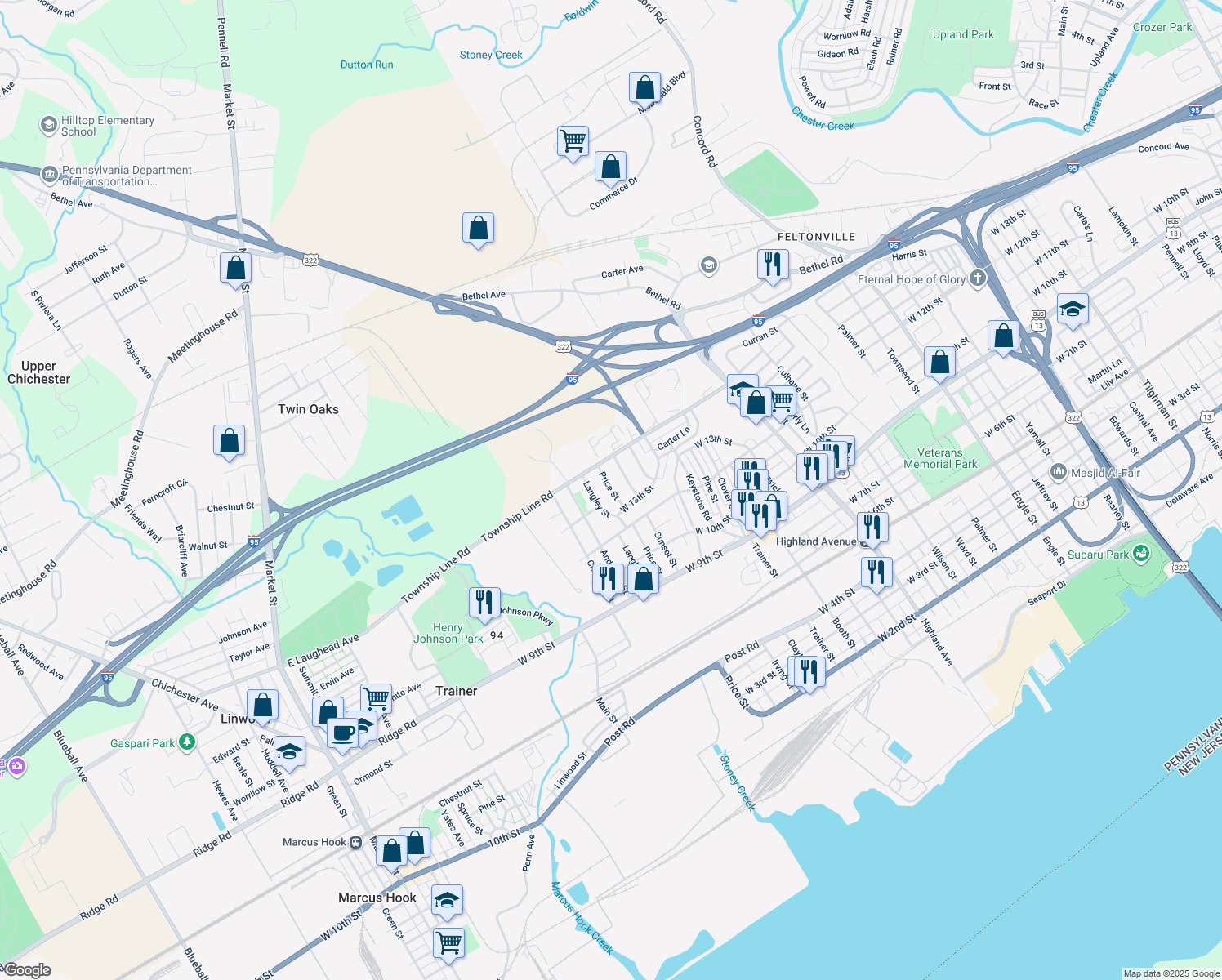 map of restaurants, bars, coffee shops, grocery stores, and more near 1344 Price Street in Trainer