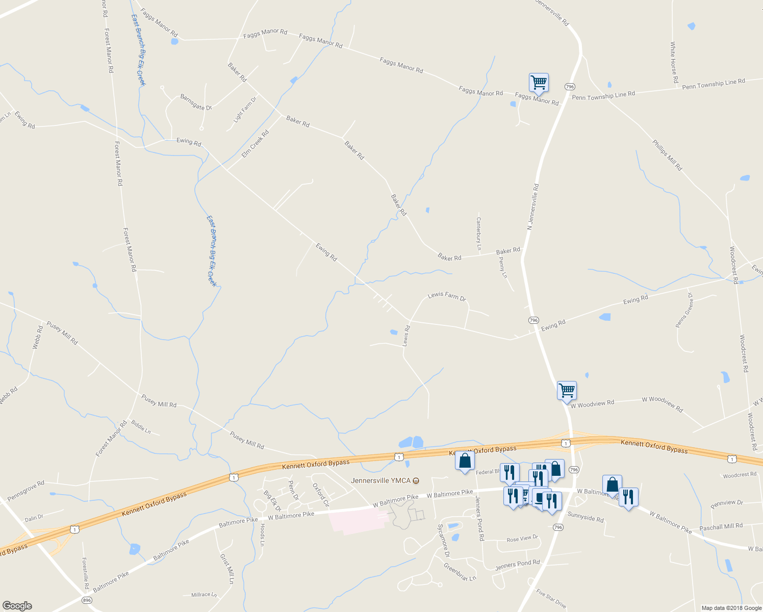 map of restaurants, bars, coffee shops, grocery stores, and more near 709 Ewing Road in Cochranville