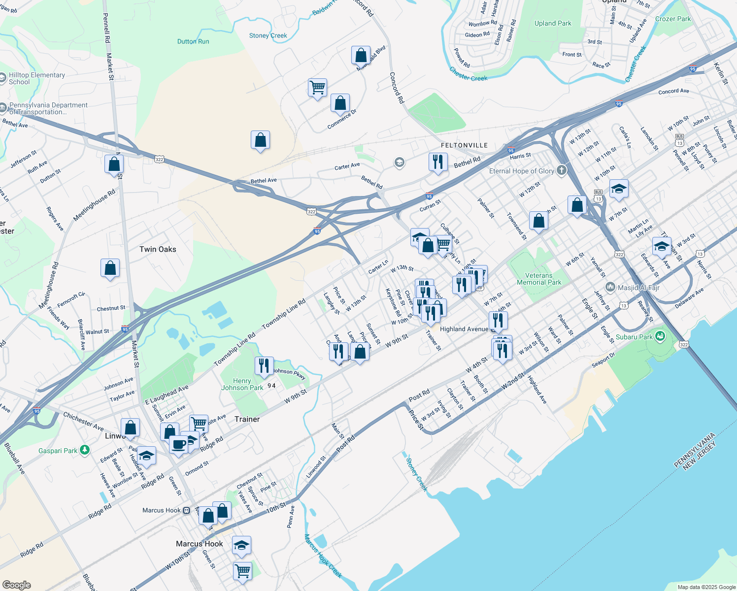 map of restaurants, bars, coffee shops, grocery stores, and more near 3507 West 13th Street in Trainer