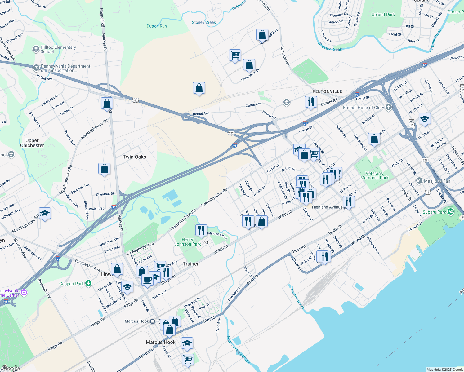 map of restaurants, bars, coffee shops, grocery stores, and more near 3907 Township Line Rd in Trainer