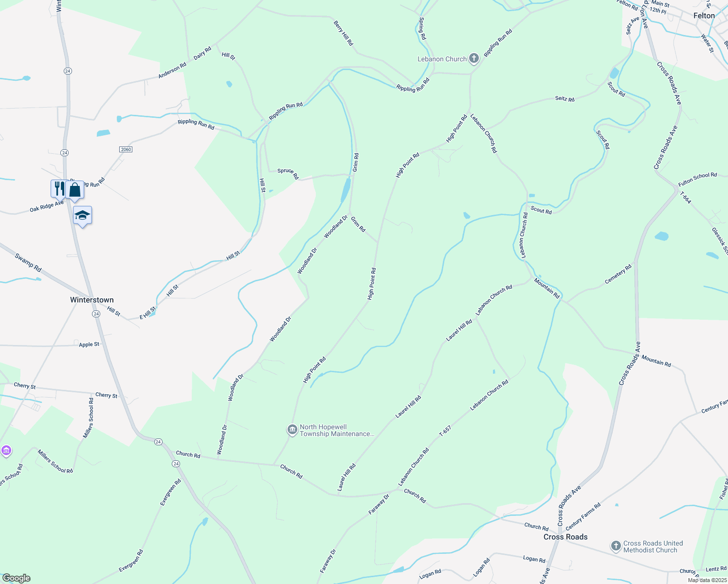 map of restaurants, bars, coffee shops, grocery stores, and more near 12270 High Point Road in Felton