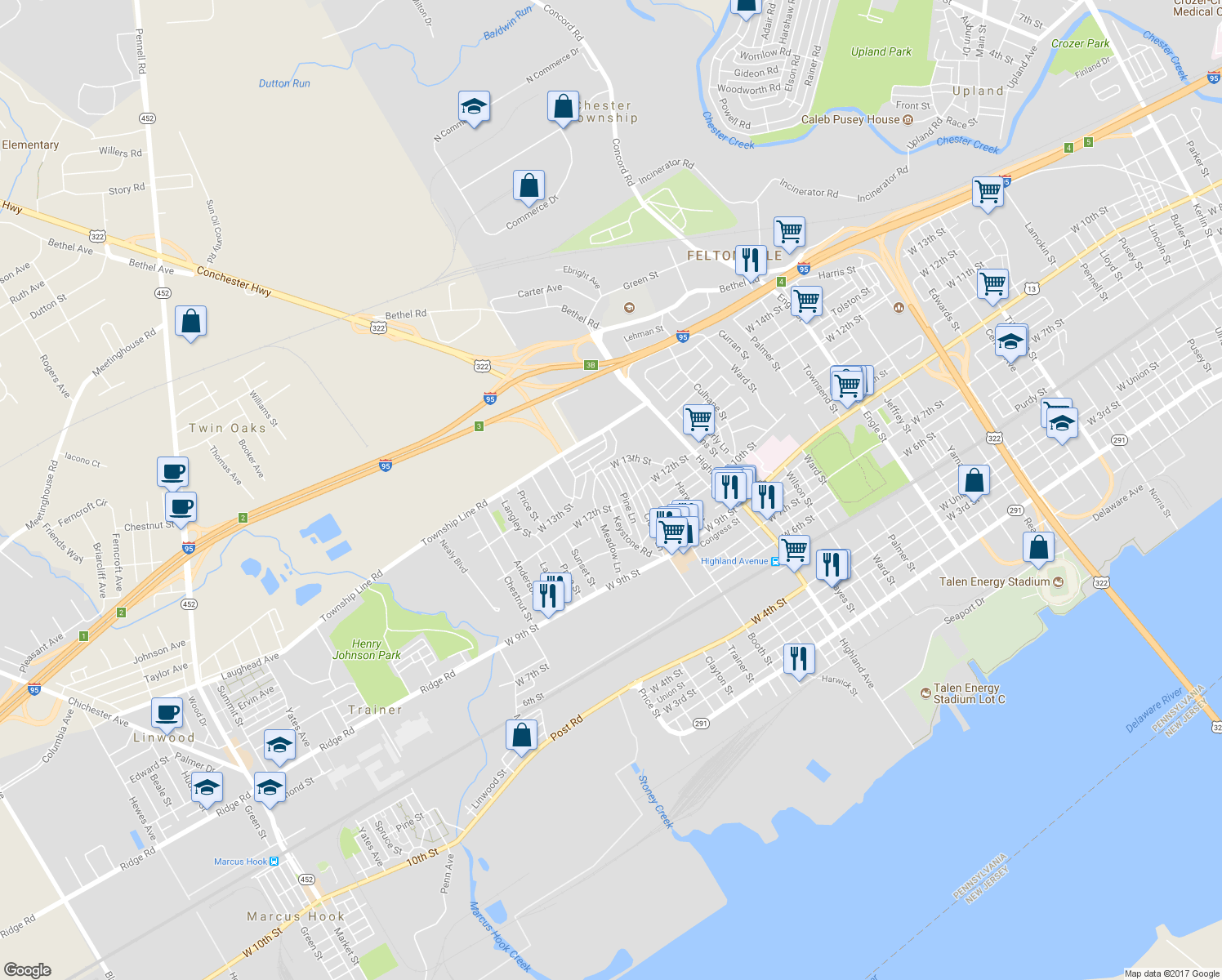 map of restaurants, bars, coffee shops, grocery stores, and more near 1219 Keystone Road in Chester