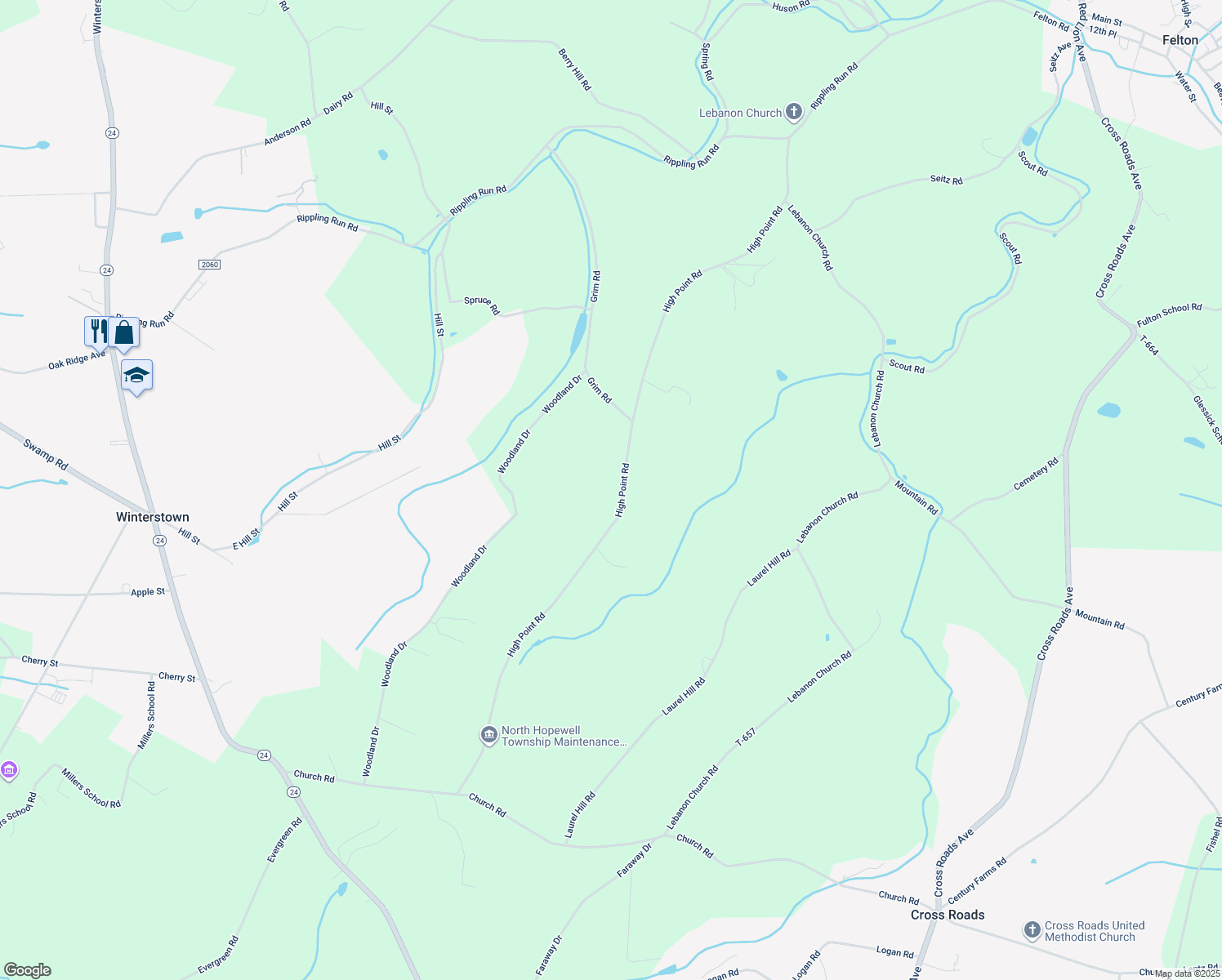 map of restaurants, bars, coffee shops, grocery stores, and more near 12260 High Point Road in Felton