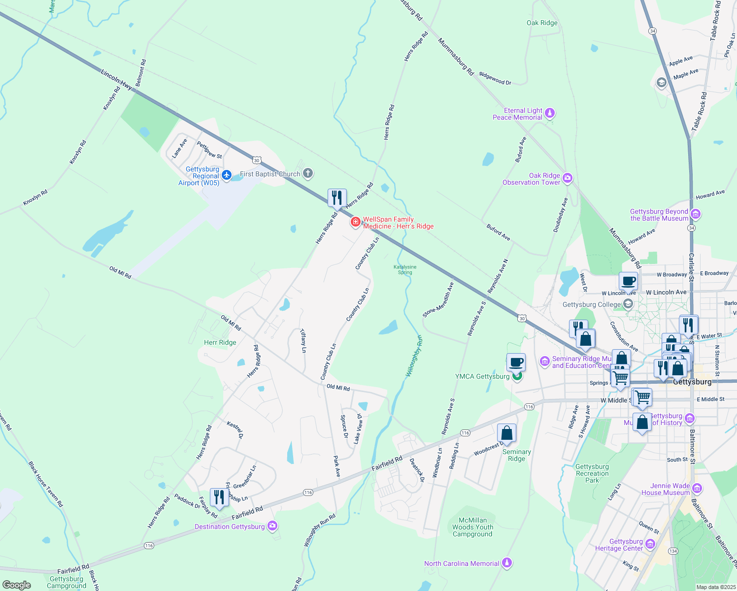 map of restaurants, bars, coffee shops, grocery stores, and more near 160 Country Club Lane in Gettysburg