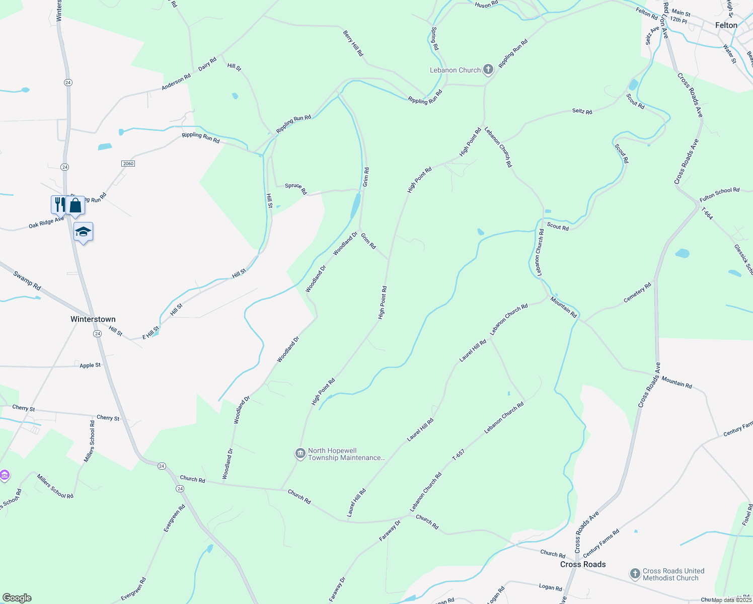 map of restaurants, bars, coffee shops, grocery stores, and more near 12260 High Point Road in Felton