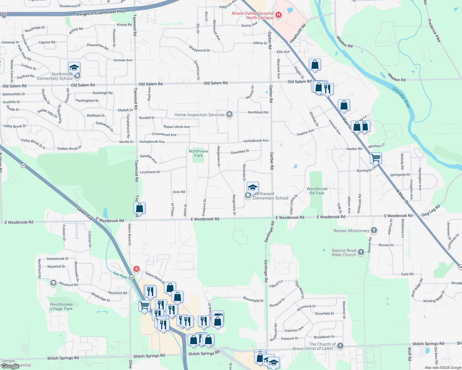 map of restaurants, bars, coffee shops, grocery stores, and more near 6260 Rangeview Drive in Dayton