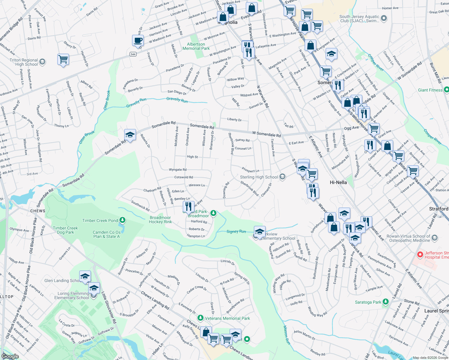 map of restaurants, bars, coffee shops, grocery stores, and more near 990 Sherbrook Boulevard in Somerdale