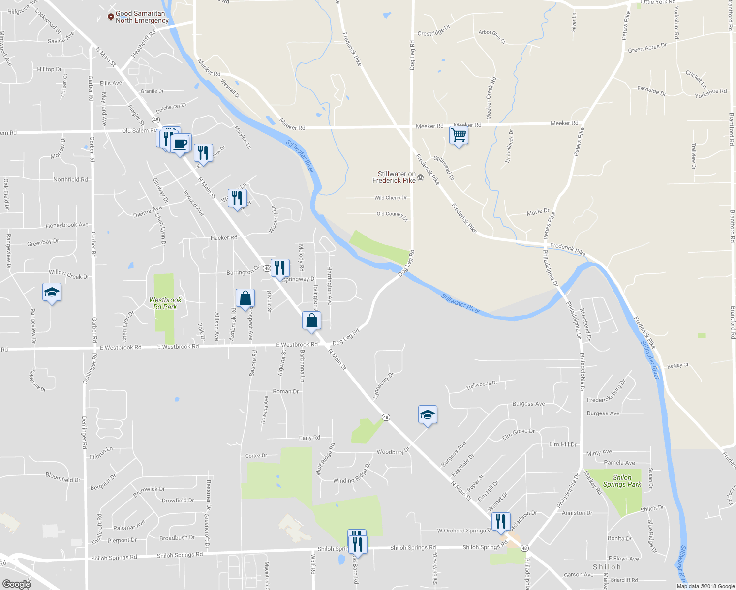 map of restaurants, bars, coffee shops, grocery stores, and more near 6227 Dog Leg Road in Dayton