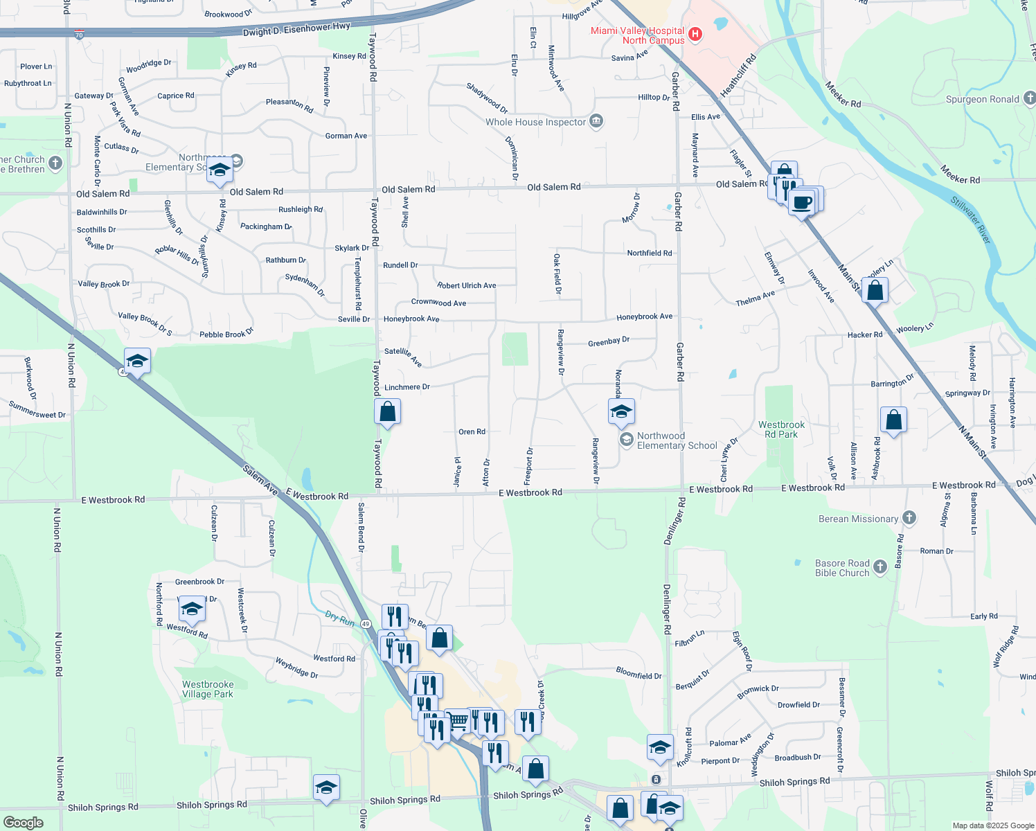 map of restaurants, bars, coffee shops, grocery stores, and more near 4240 Willow Creek Drive in Dayton