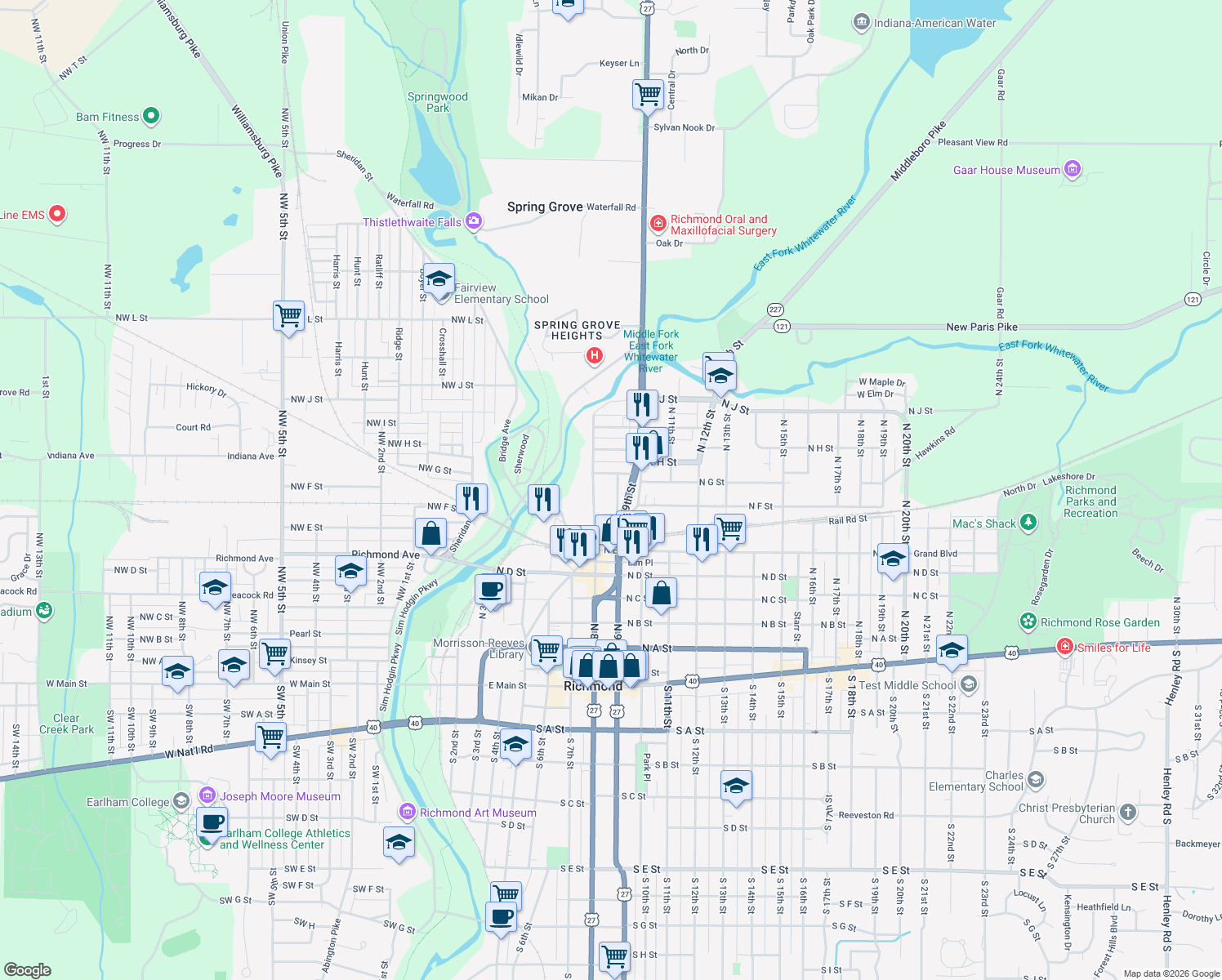 map of restaurants, bars, coffee shops, grocery stores, and more near 624 North 9th Street in Richmond