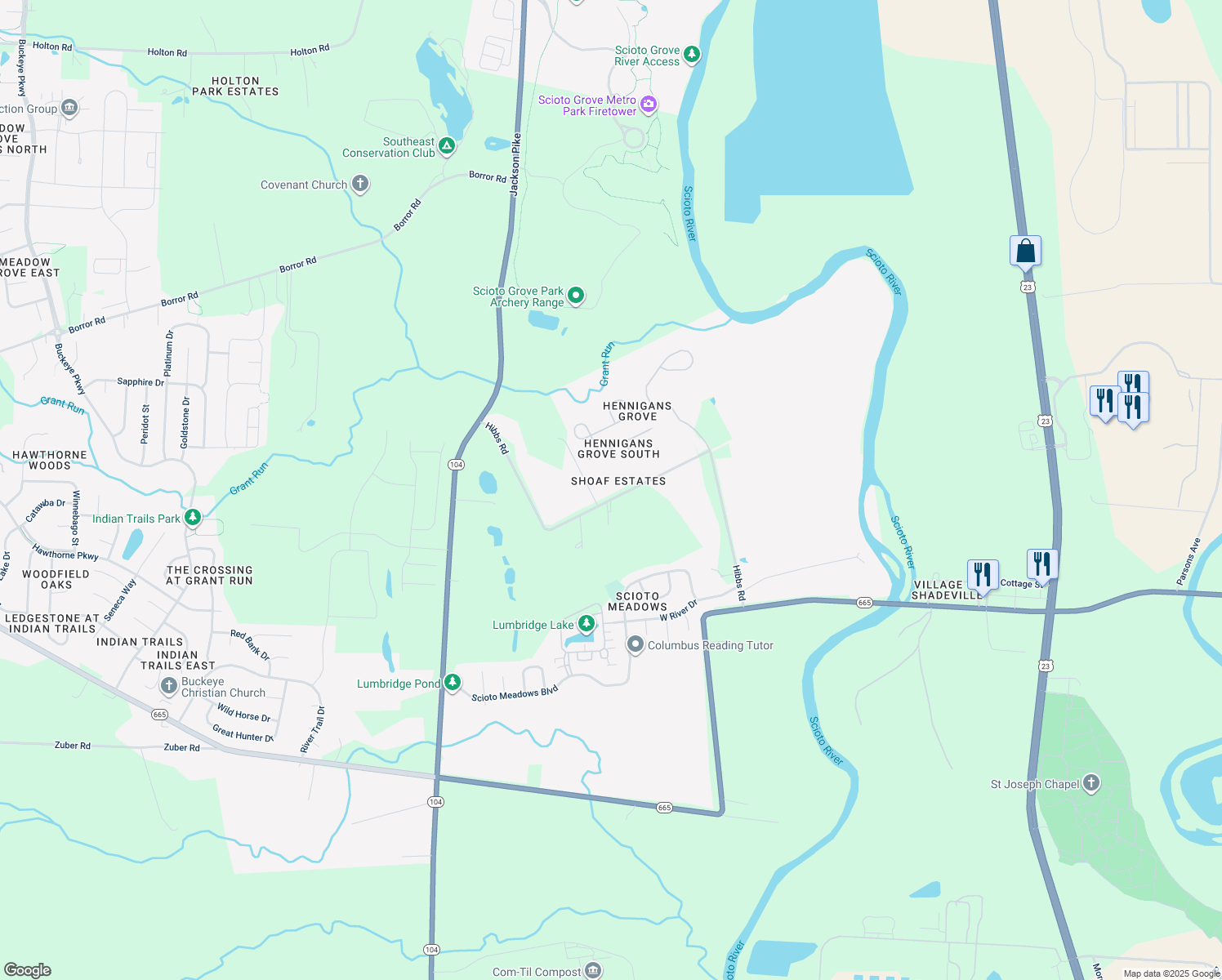 map of restaurants, bars, coffee shops, grocery stores, and more near 736 Hibbs Road in Lockbourne