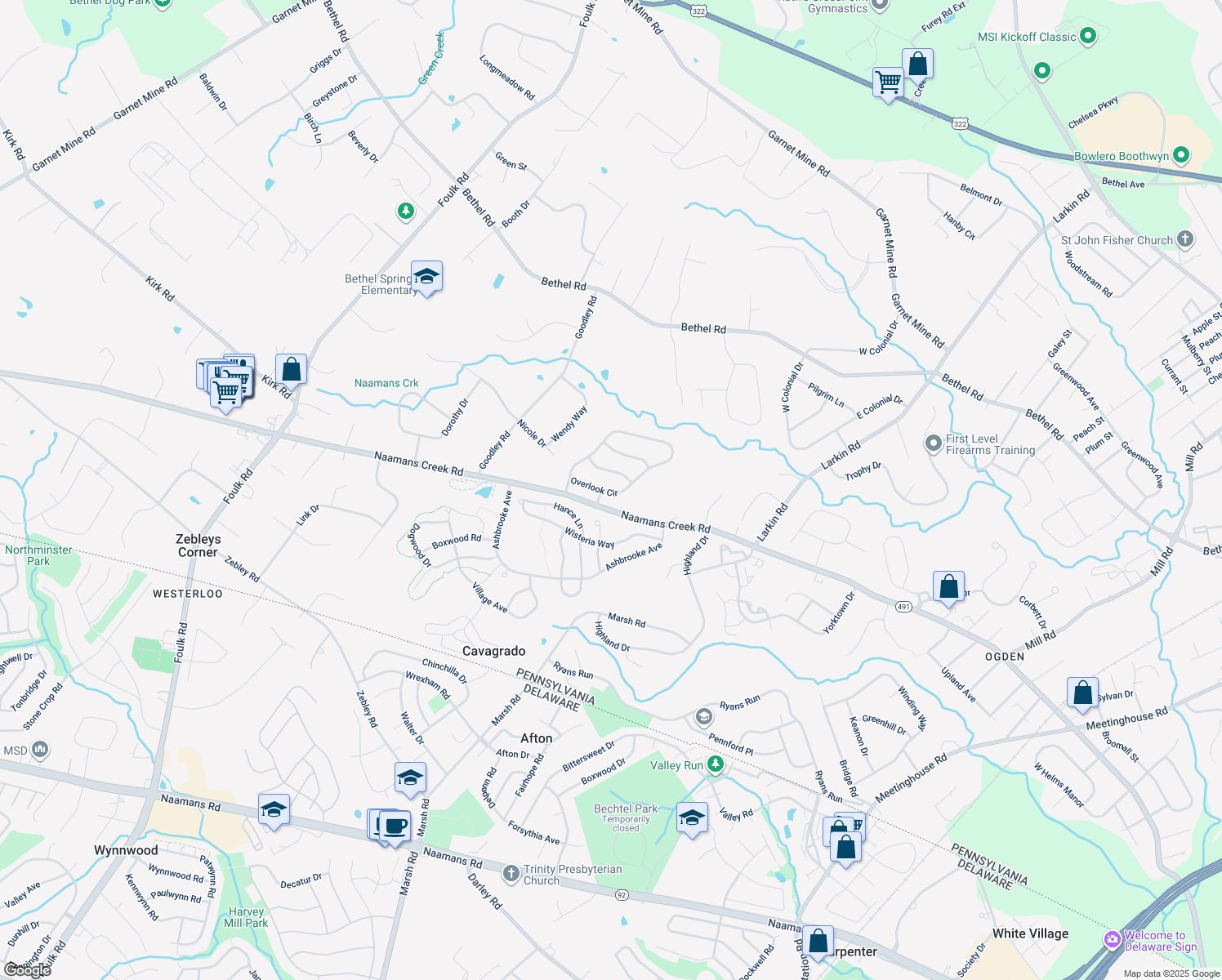 map of restaurants, bars, coffee shops, grocery stores, and more near 84 Overlook Circle in Garnet Valley