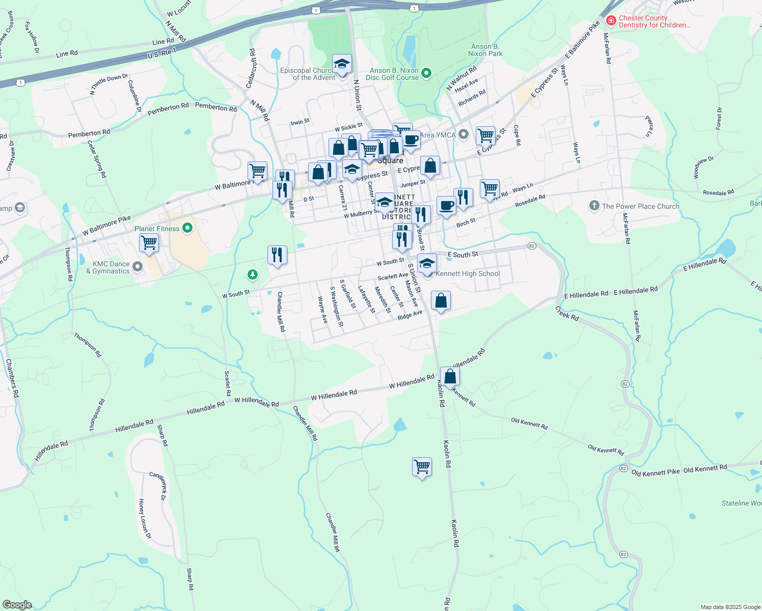 map of restaurants, bars, coffee shops, grocery stores, and more near 714 Meredith Street in Kennett Square