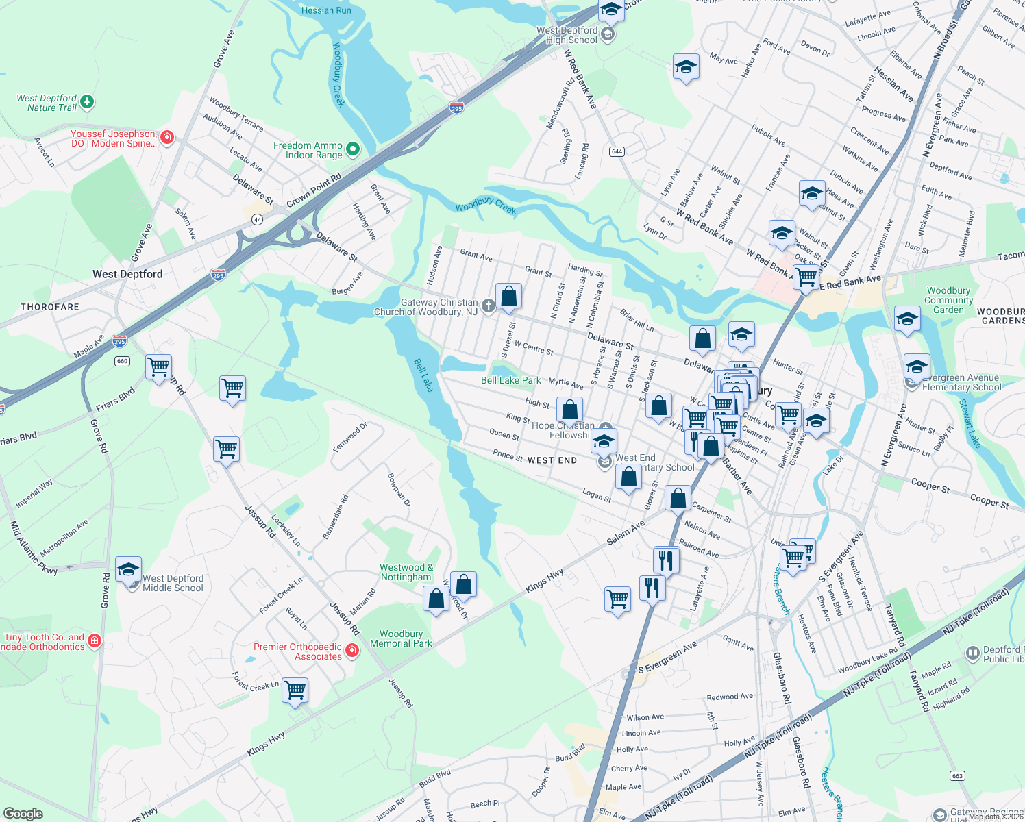 map of restaurants, bars, coffee shops, grocery stores, and more near 522 King Street in Woodbury