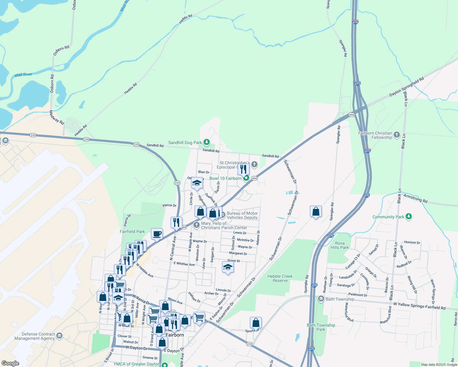 map of restaurants, bars, coffee shops, grocery stores, and more near 1308 Sunset Drive in Fairborn