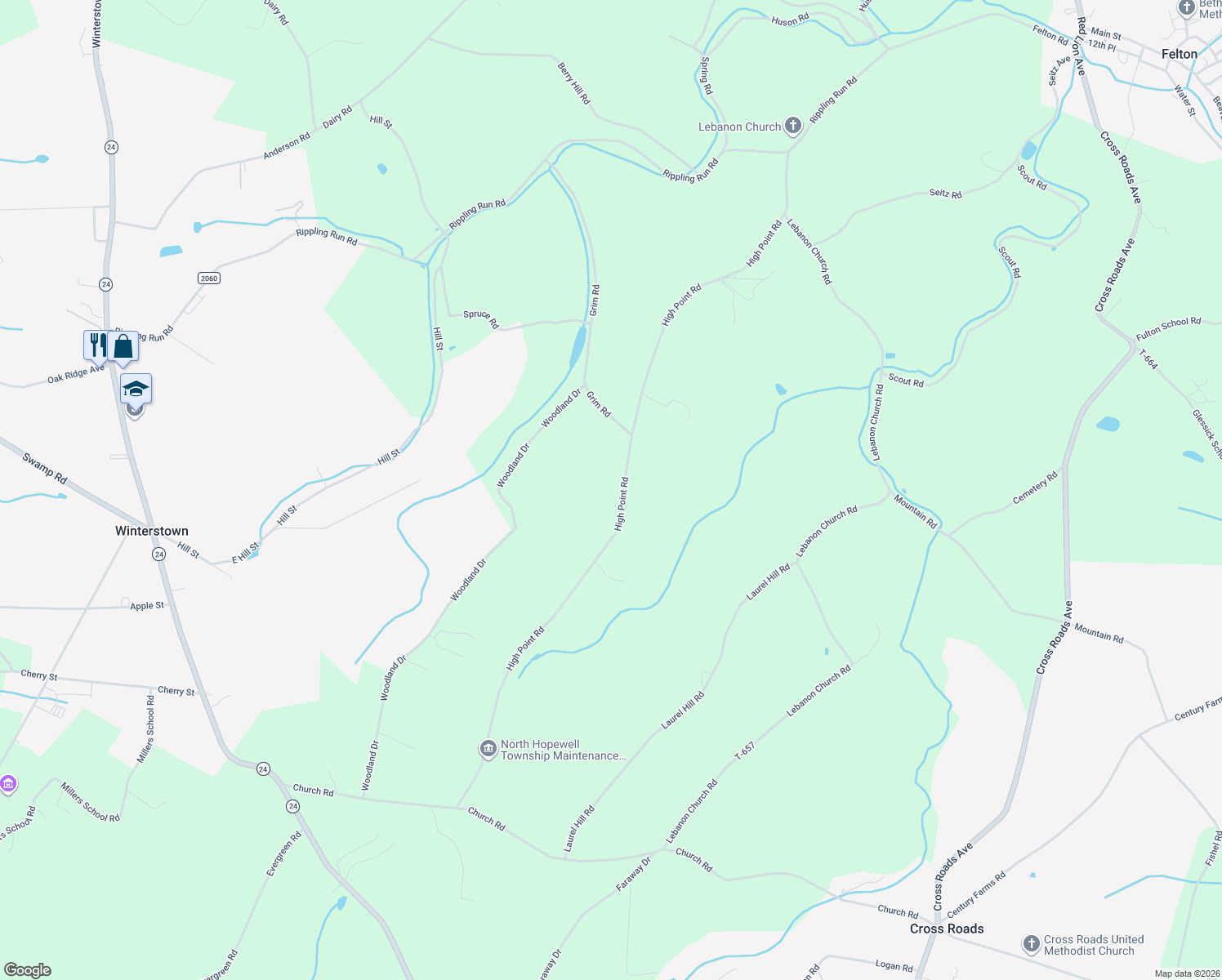 map of restaurants, bars, coffee shops, grocery stores, and more near 12224 High Point Road in Felton