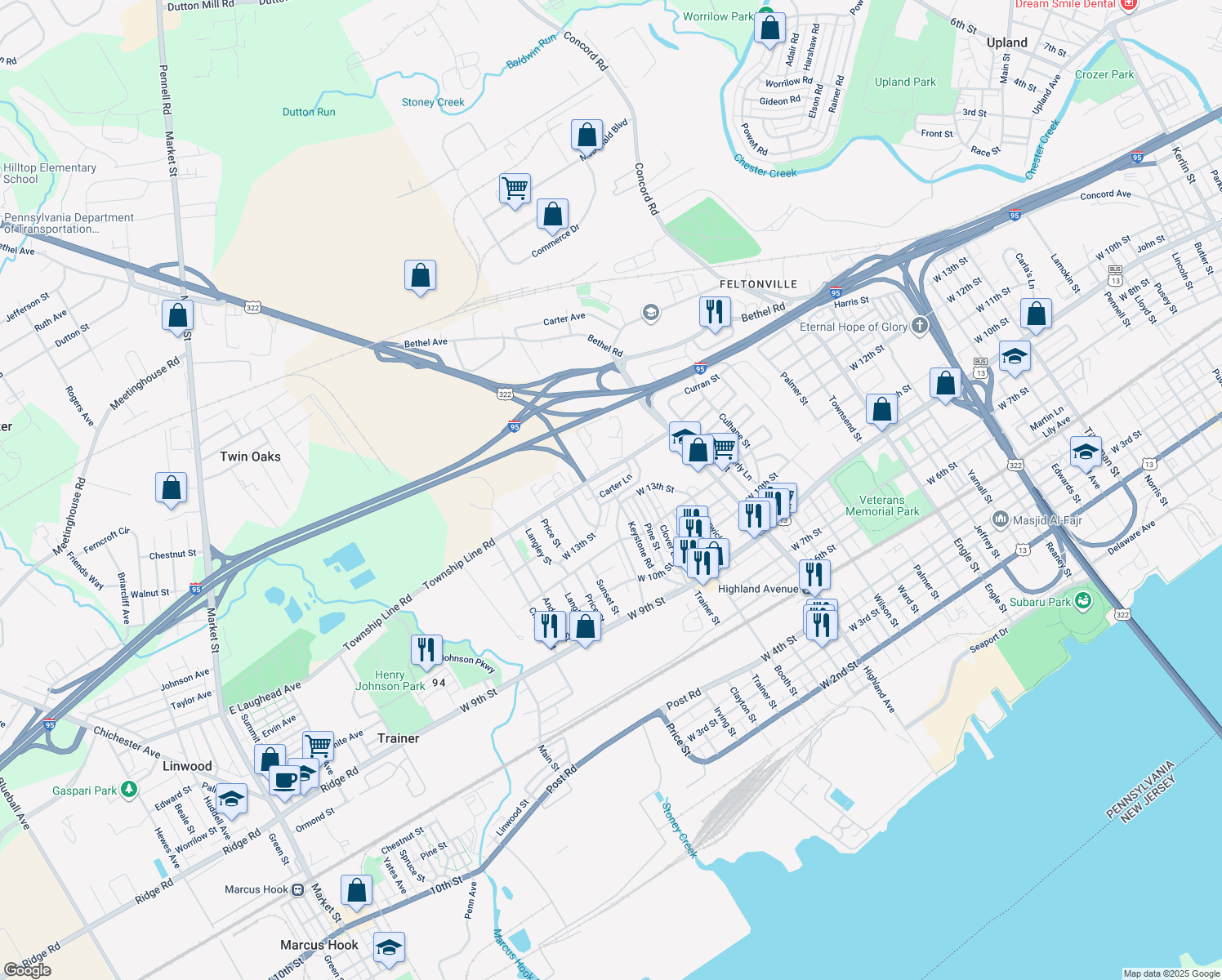 map of restaurants, bars, coffee shops, grocery stores, and more near 3400 Carter Ln in Chester