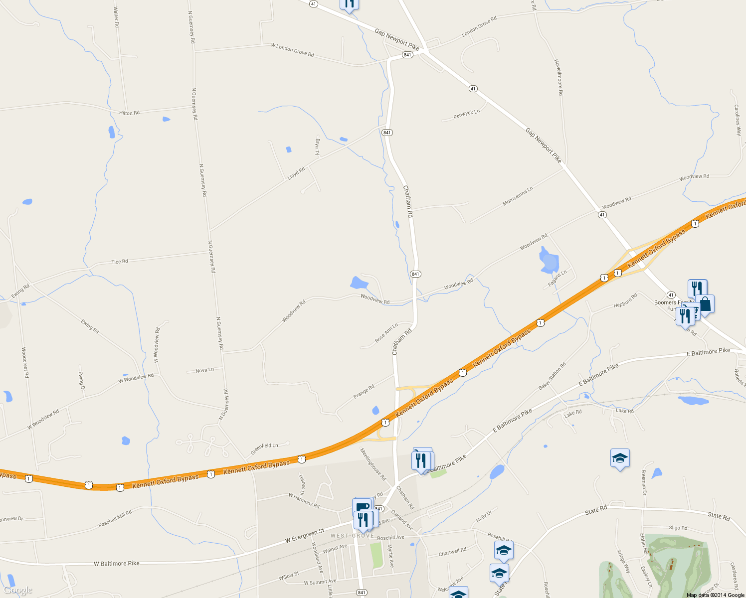 map of restaurants, bars, coffee shops, grocery stores, and more near 206 Woodview Road in West Grove