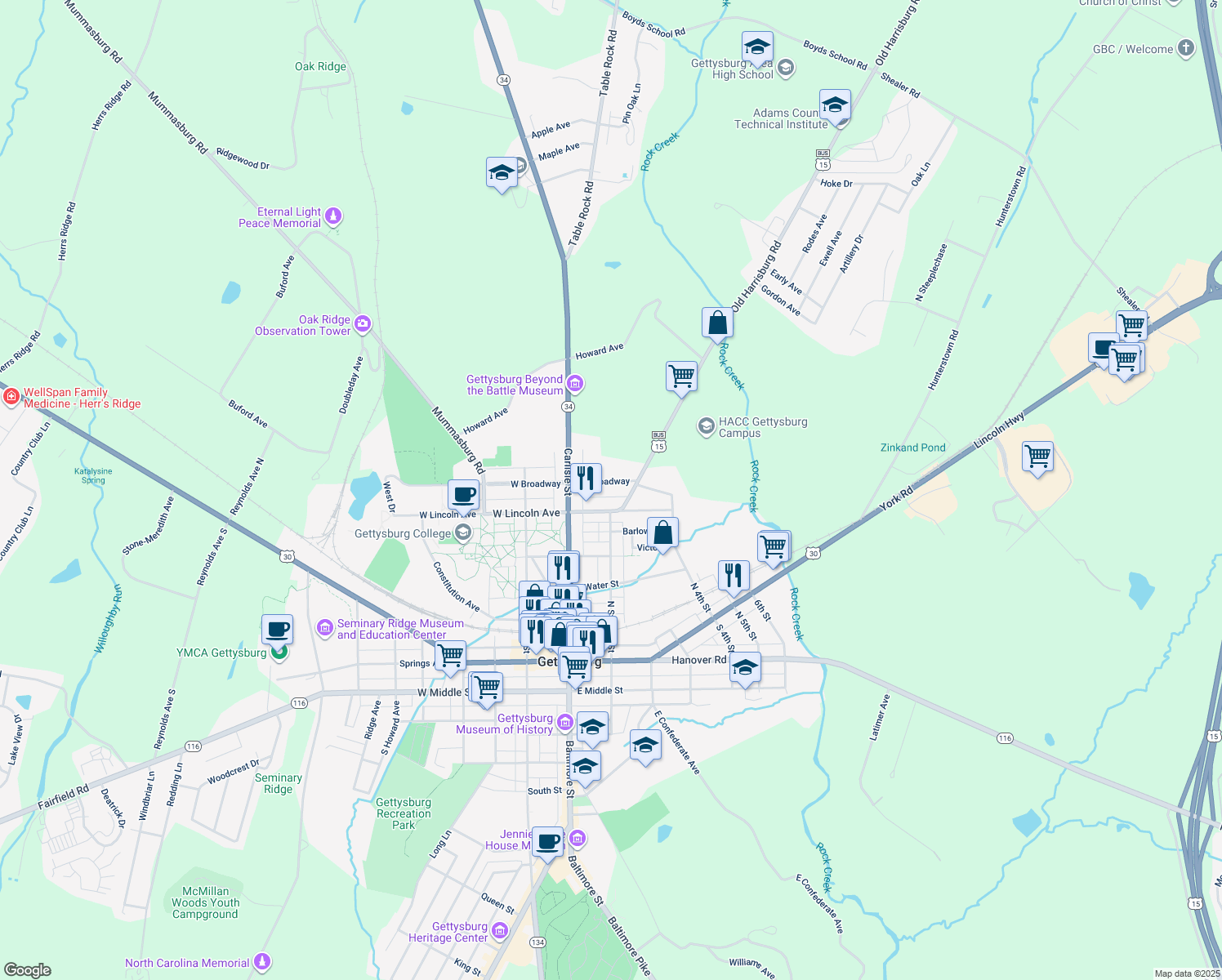 map of restaurants, bars, coffee shops, grocery stores, and more near 61 E Broadway in Gettysburg