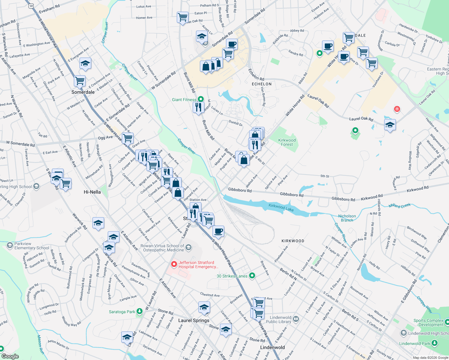 map of restaurants, bars, coffee shops, grocery stores, and more near 100 Front St in Voorhees