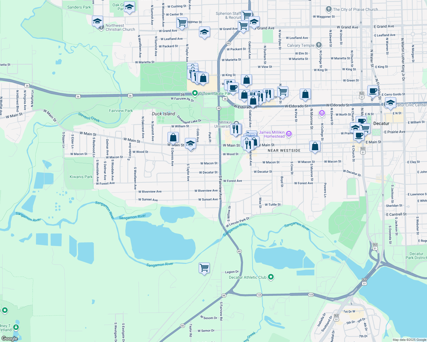 map of restaurants, bars, coffee shops, grocery stores, and more near 1344 West Decatur Street in Decatur