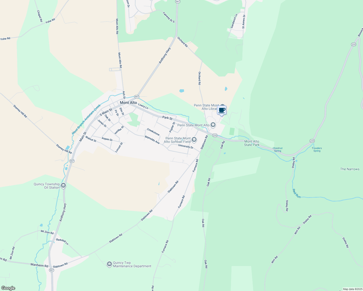 map of restaurants, bars, coffee shops, grocery stores, and more near 218 University Drive in Mont Alto